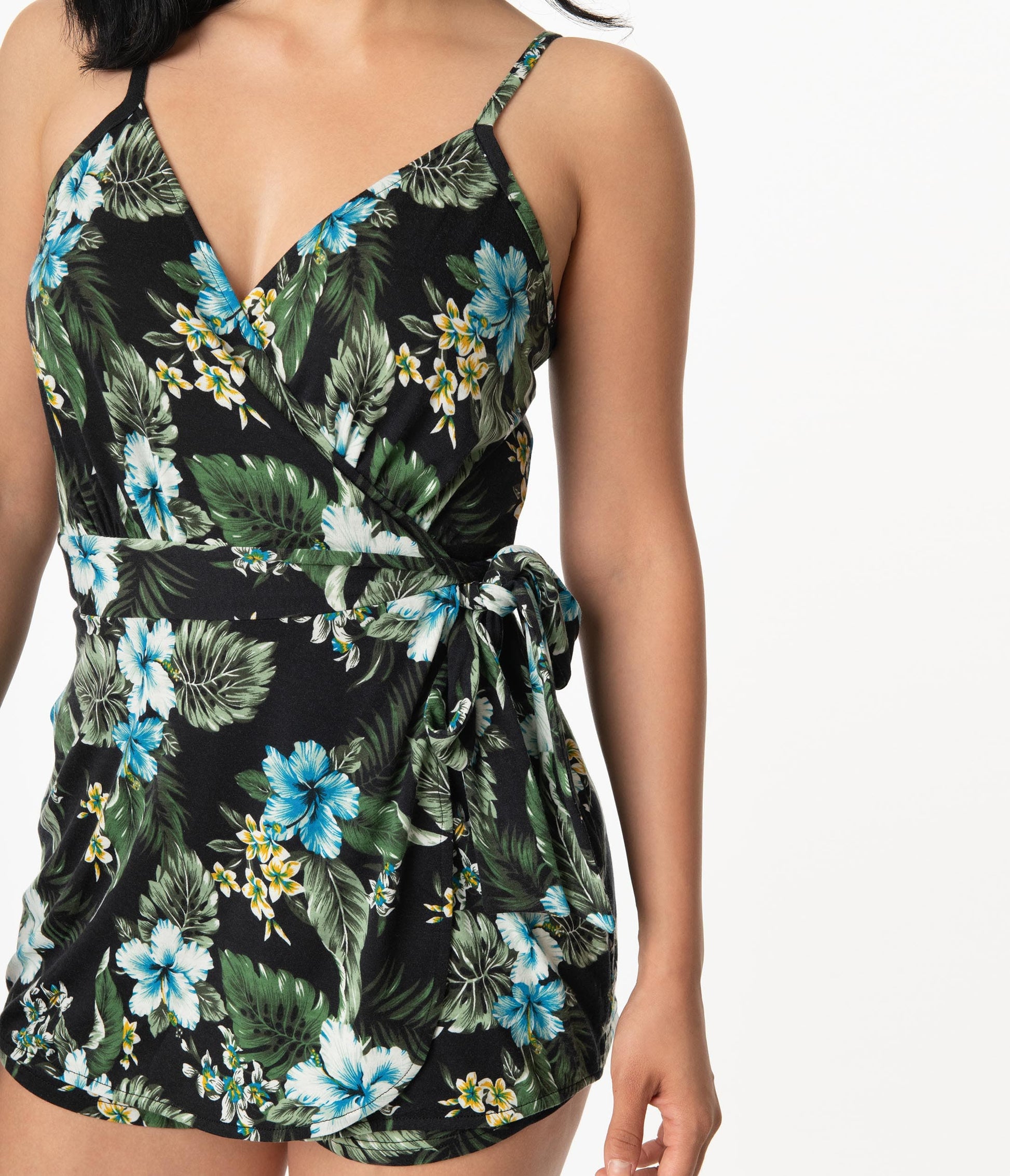 Unique Vintage Black & Blue Hawaiian Floral Lottie Wrap Romper