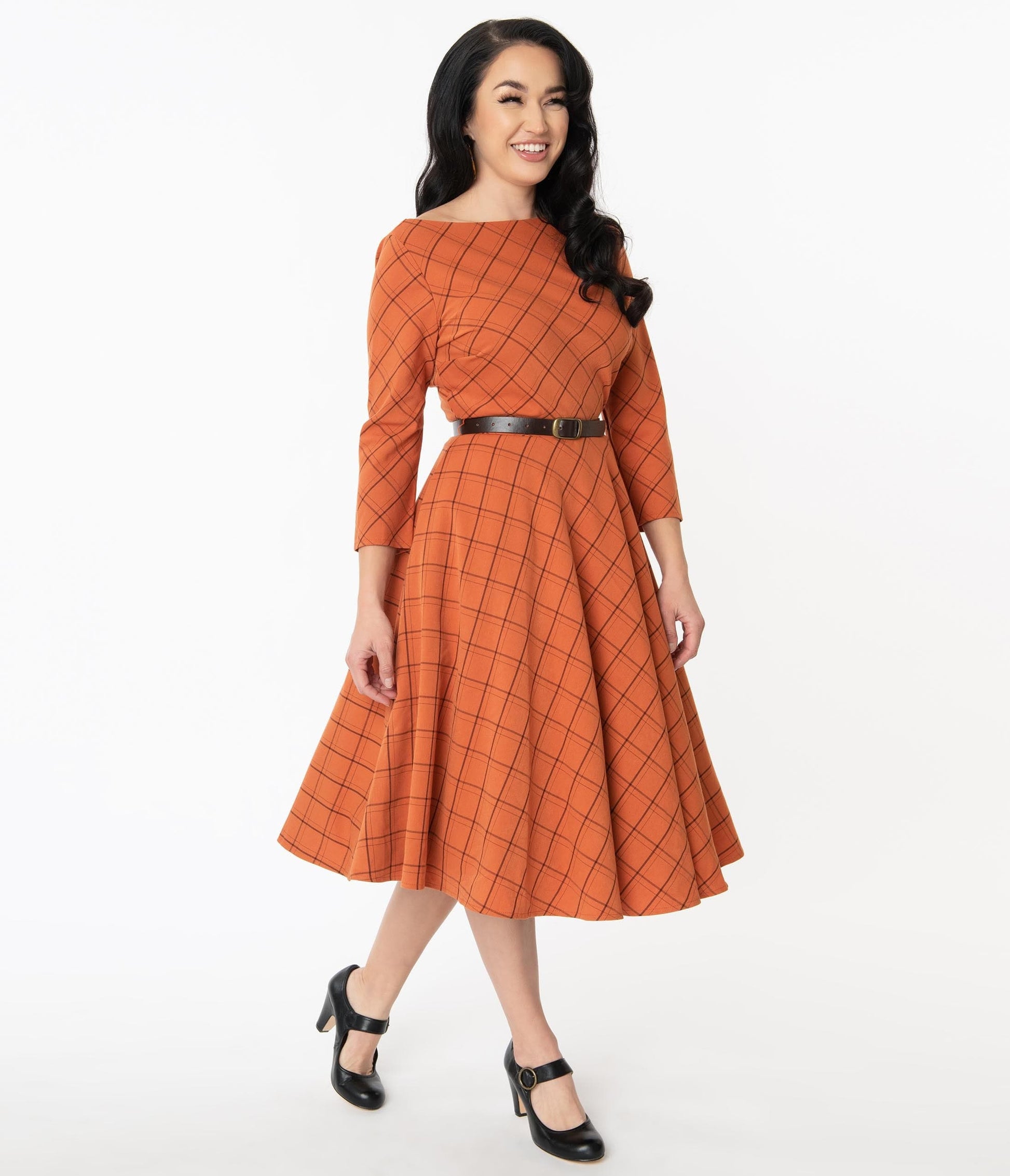 Unique Vintage Orange & Brown Plaid Devon Swing Dress