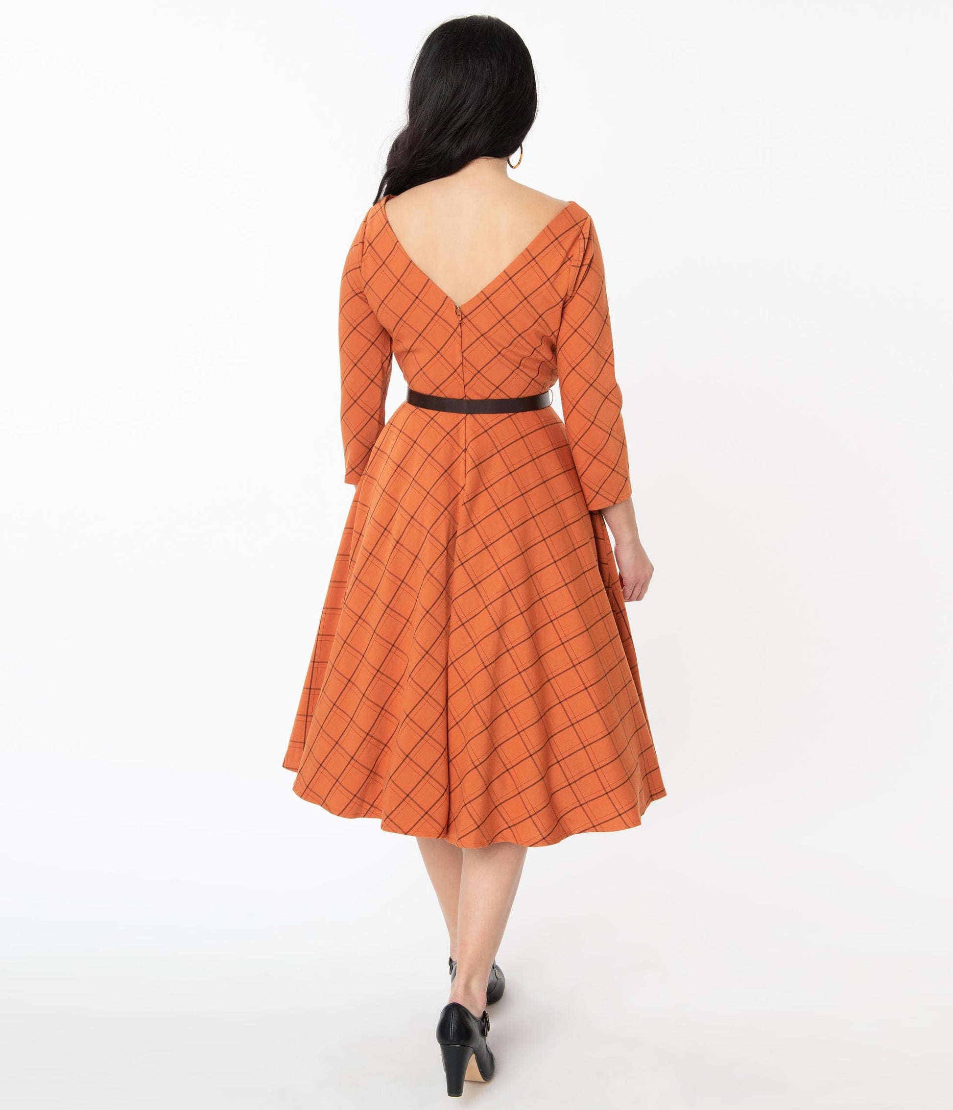 Unique Vintage Orange & Brown Plaid Devon Swing Dress