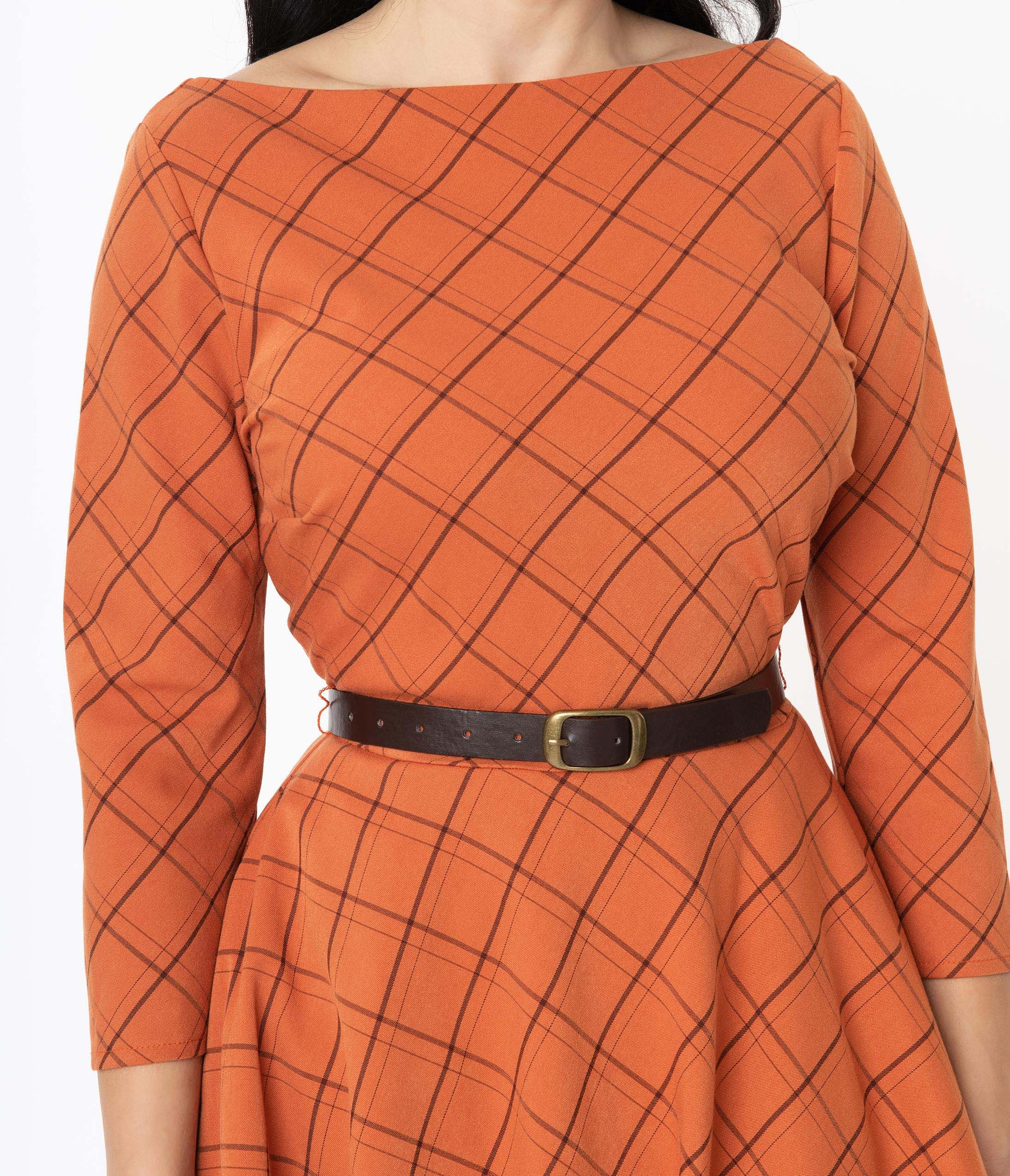 Unique Vintage Orange & Brown Plaid Devon Swing Dress