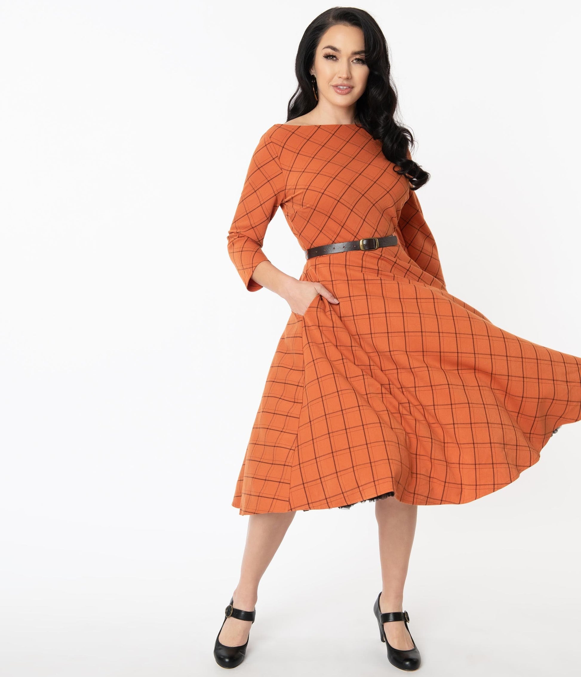 Unique Vintage Orange & Brown Plaid Devon Swing Dress