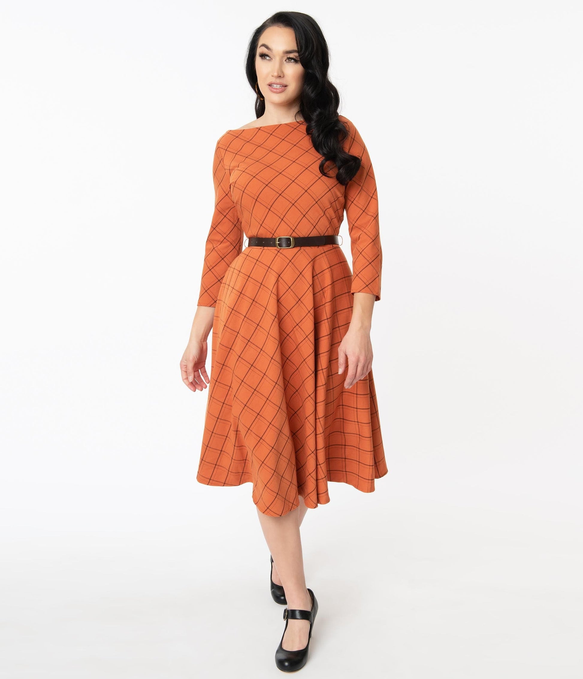 Unique Vintage Orange & Brown Plaid Devon Swing Dress