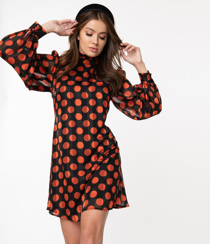 Smak Parlour Black & Orange Polka Dot Girl Talk Shift Dress