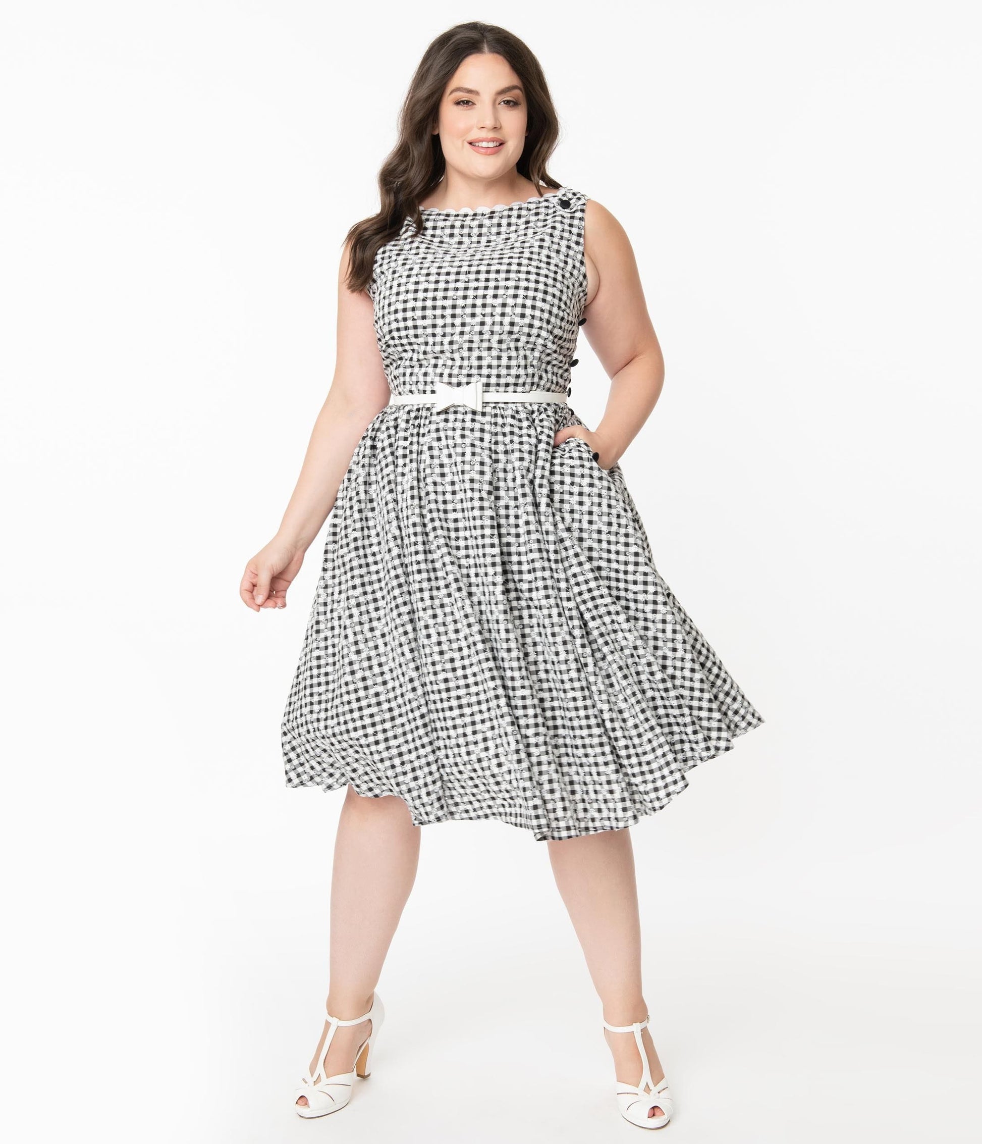 Unique Vintage Plus Size Black Gingham Eyelet Livvie Swing Dress