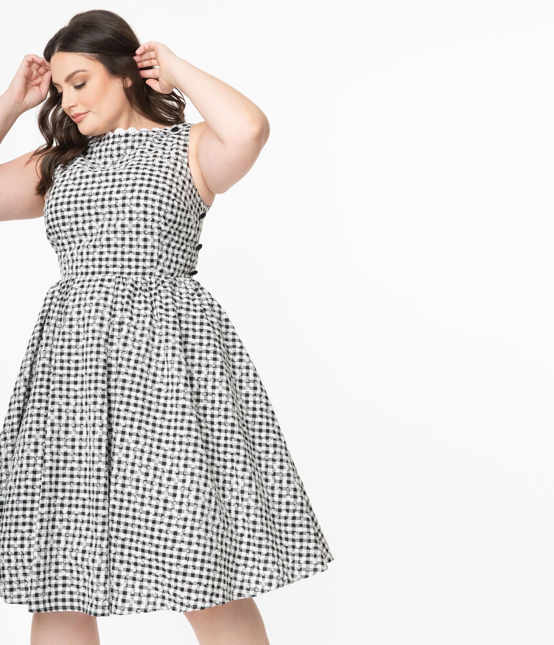 Unique Vintage Plus Size Black Gingham Eyelet Livvie Swing Dress