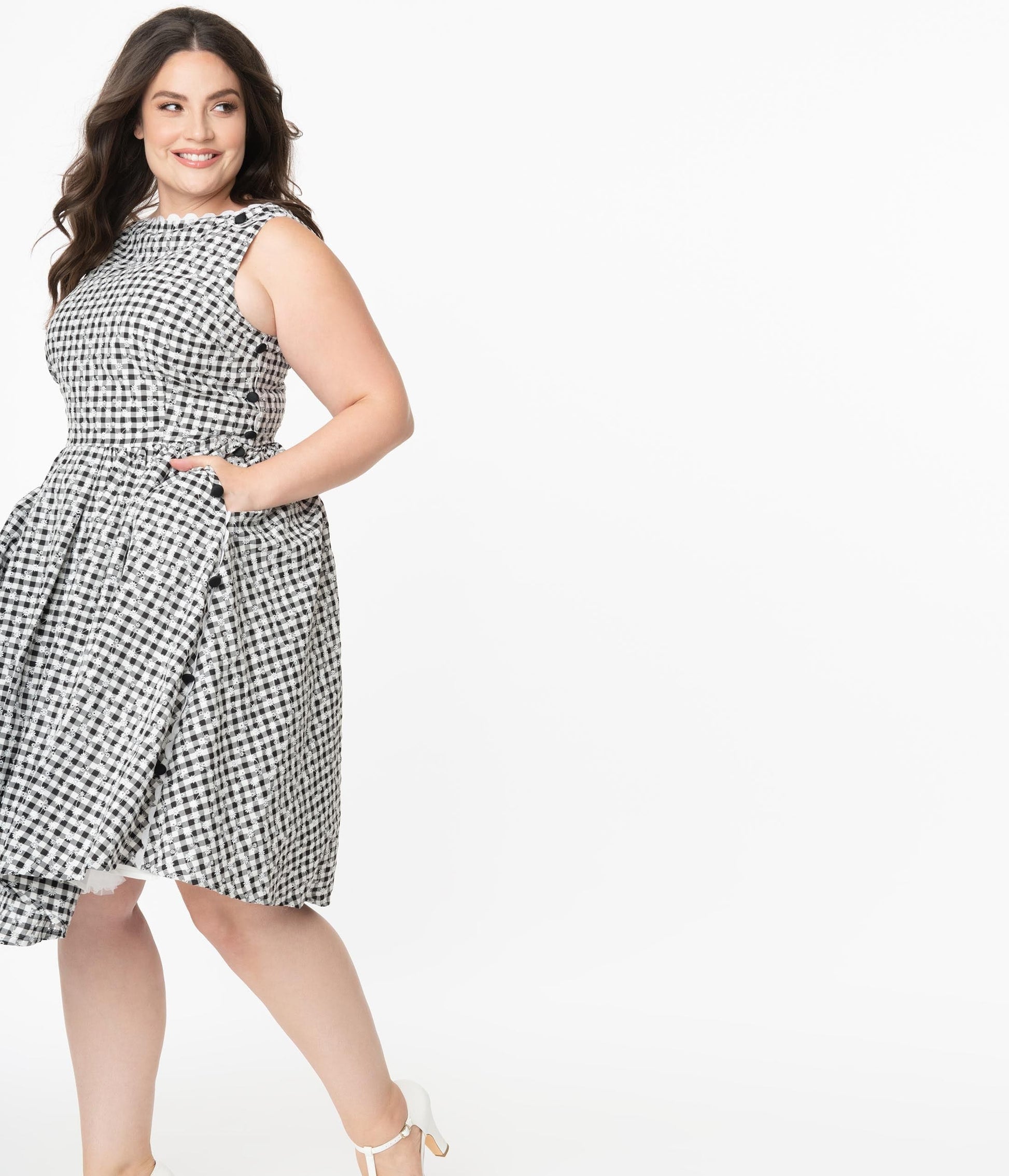 Unique Vintage Plus Size Black Gingham Eyelet Livvie Swing Dress