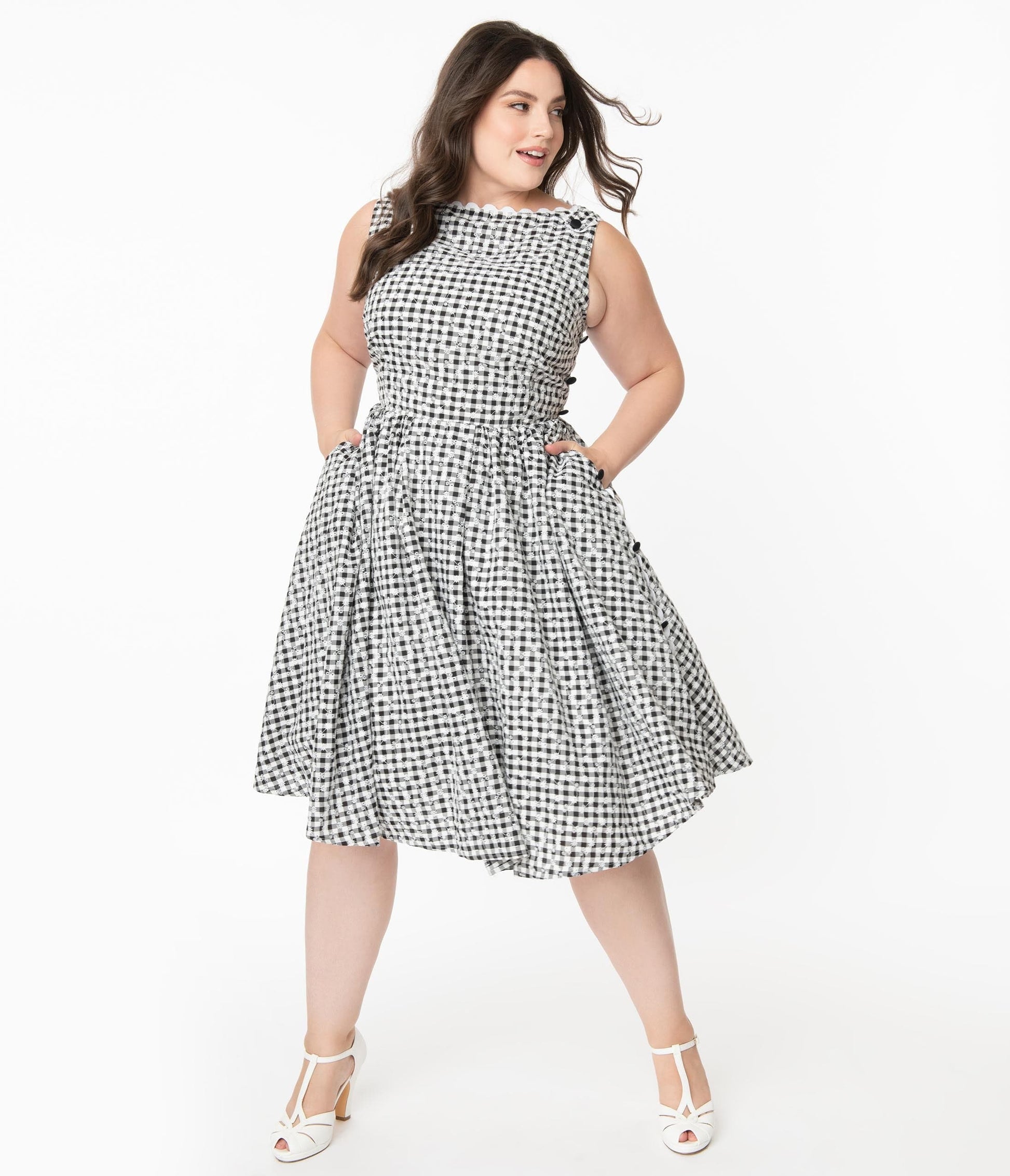 Unique Vintage Plus Size Black Gingham Eyelet Livvie Swing Dress
