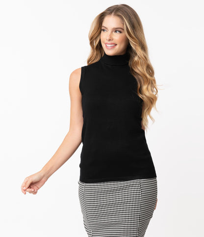 Retro Black Turtleneck Sleeveless Knit Sweater