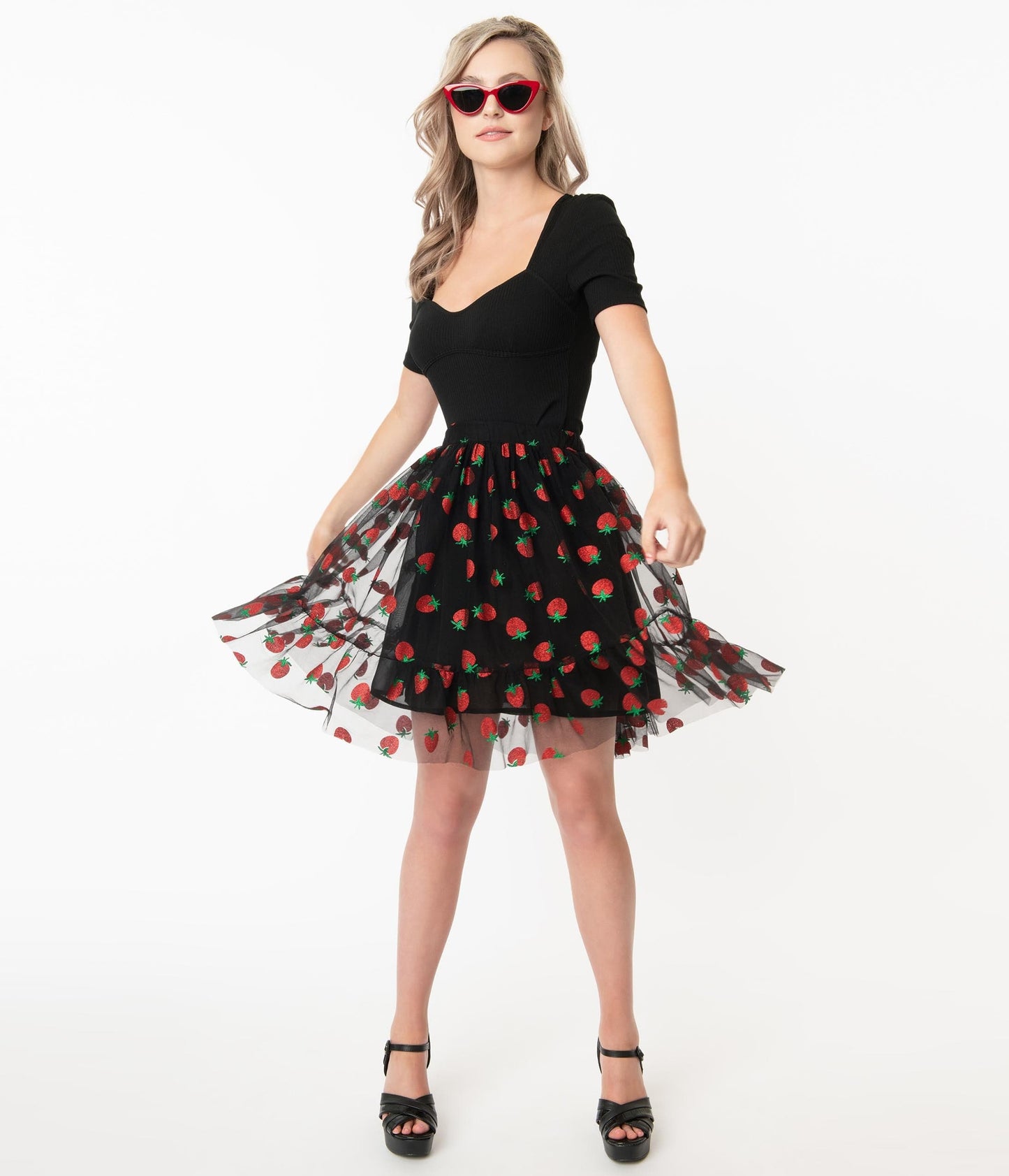 Smak Parlour Black & Strawberry Print Twirl Power Skirt