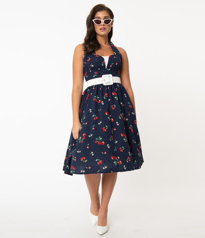 Unique Vintage Navy & Red Cherry Print Shelia Swing Dress