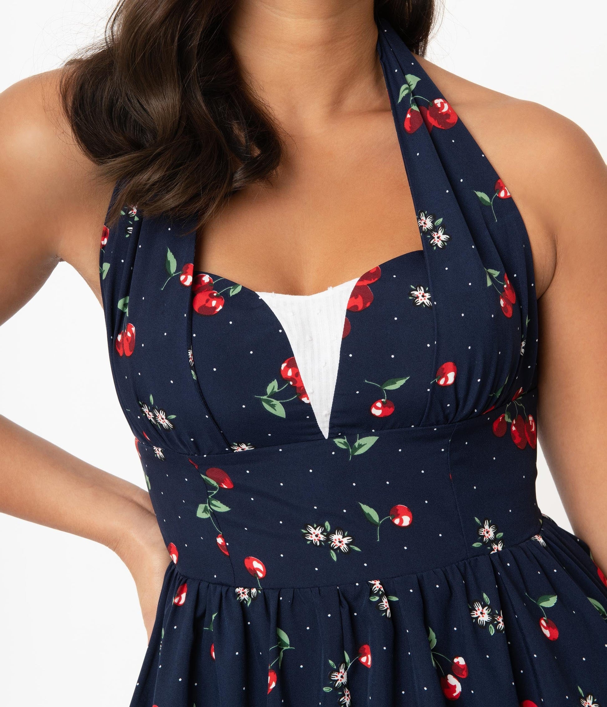 Unique Vintage Navy & Red Cherry Print Shelia Swing Dress