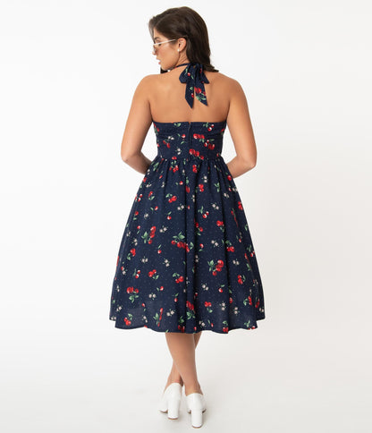 Unique Vintage Navy & Red Cherry Print Shelia Swing Dress