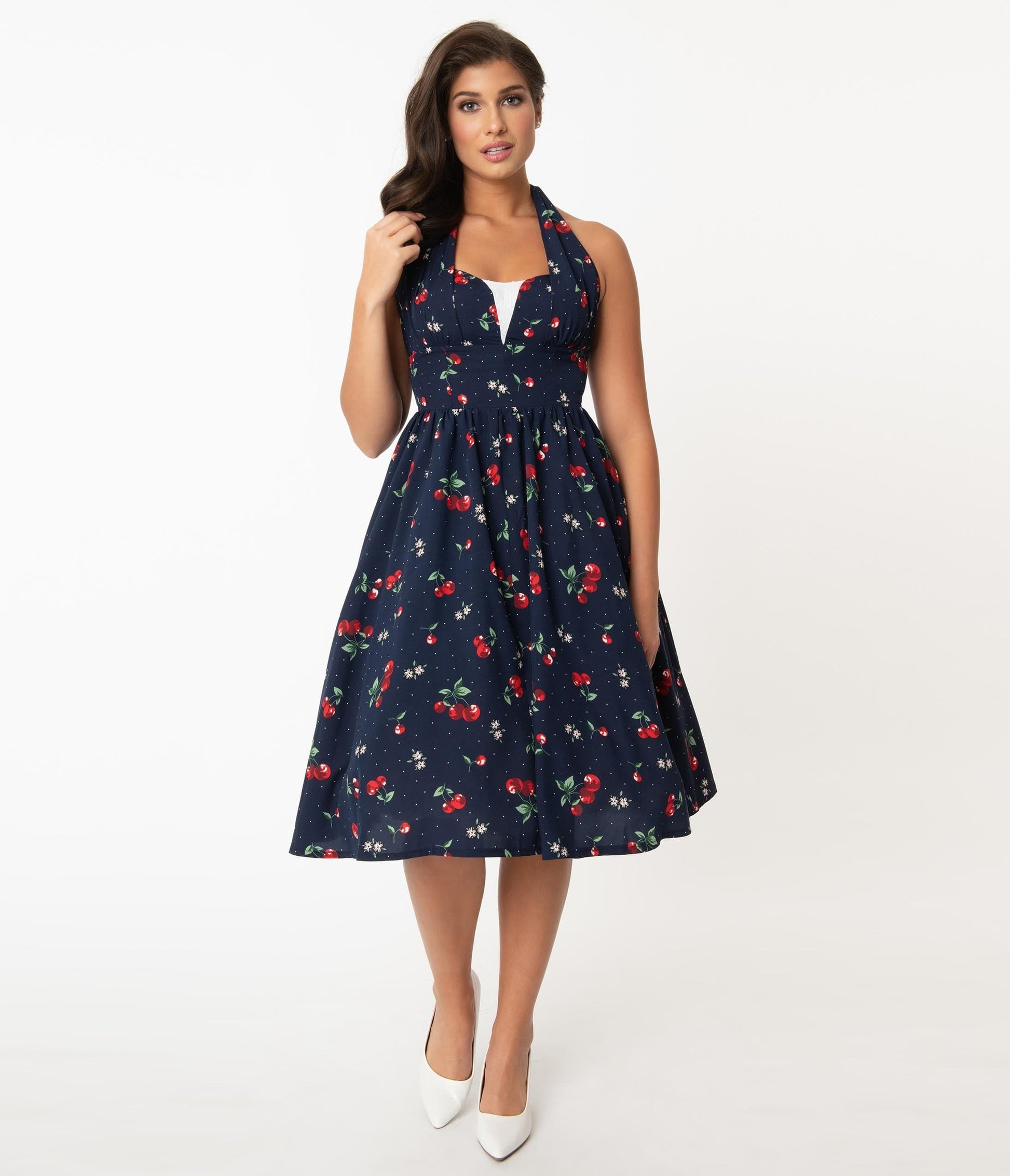 Unique Vintage Navy & Red Cherry Print Shelia Swing Dress
