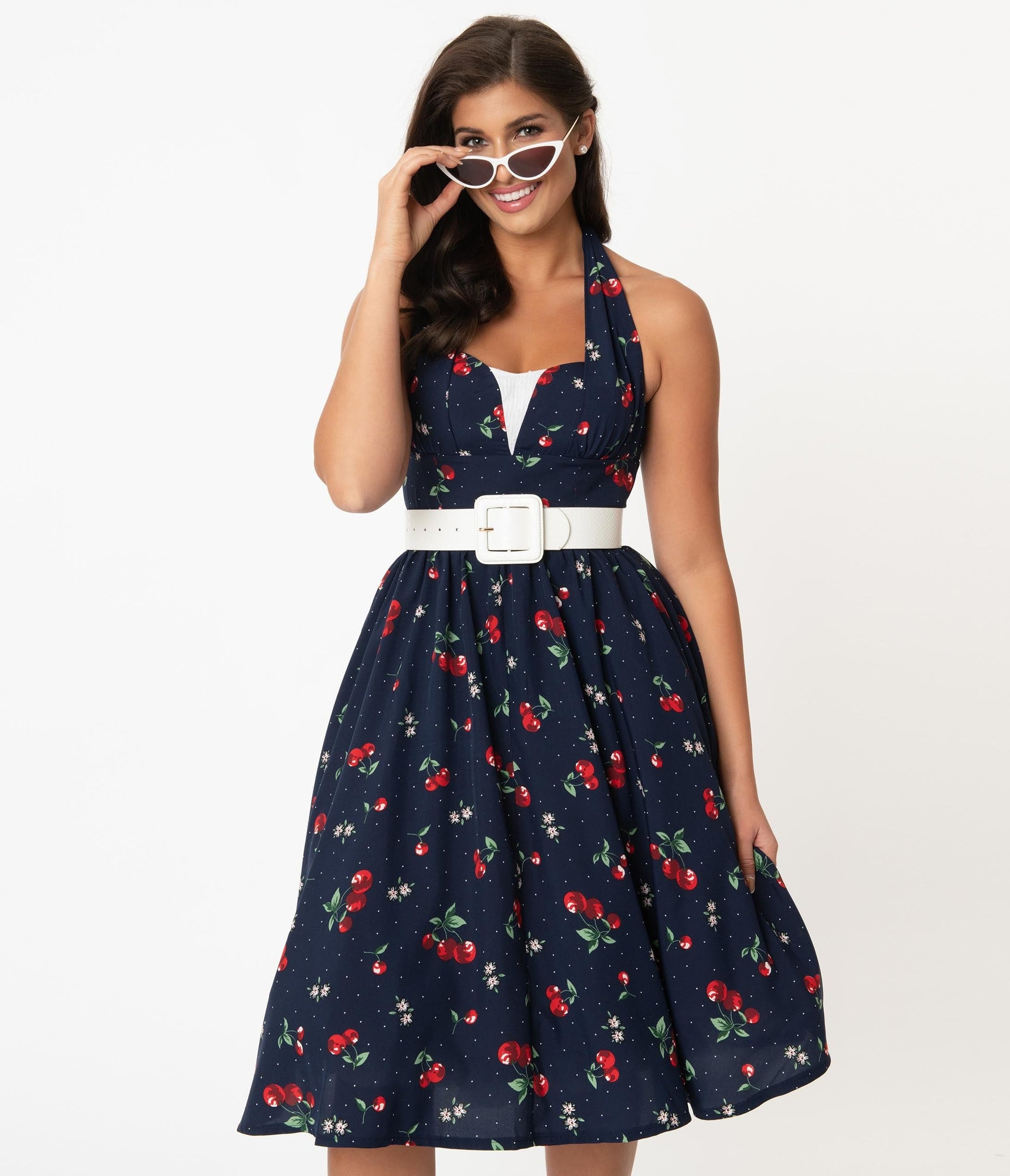 Unique Vintage Navy & Red Cherry Print Shelia Swing Dress