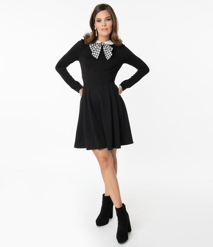 Smak Parlour Black & Houndstooth Bow Jet Setter Fit & Flare Dress