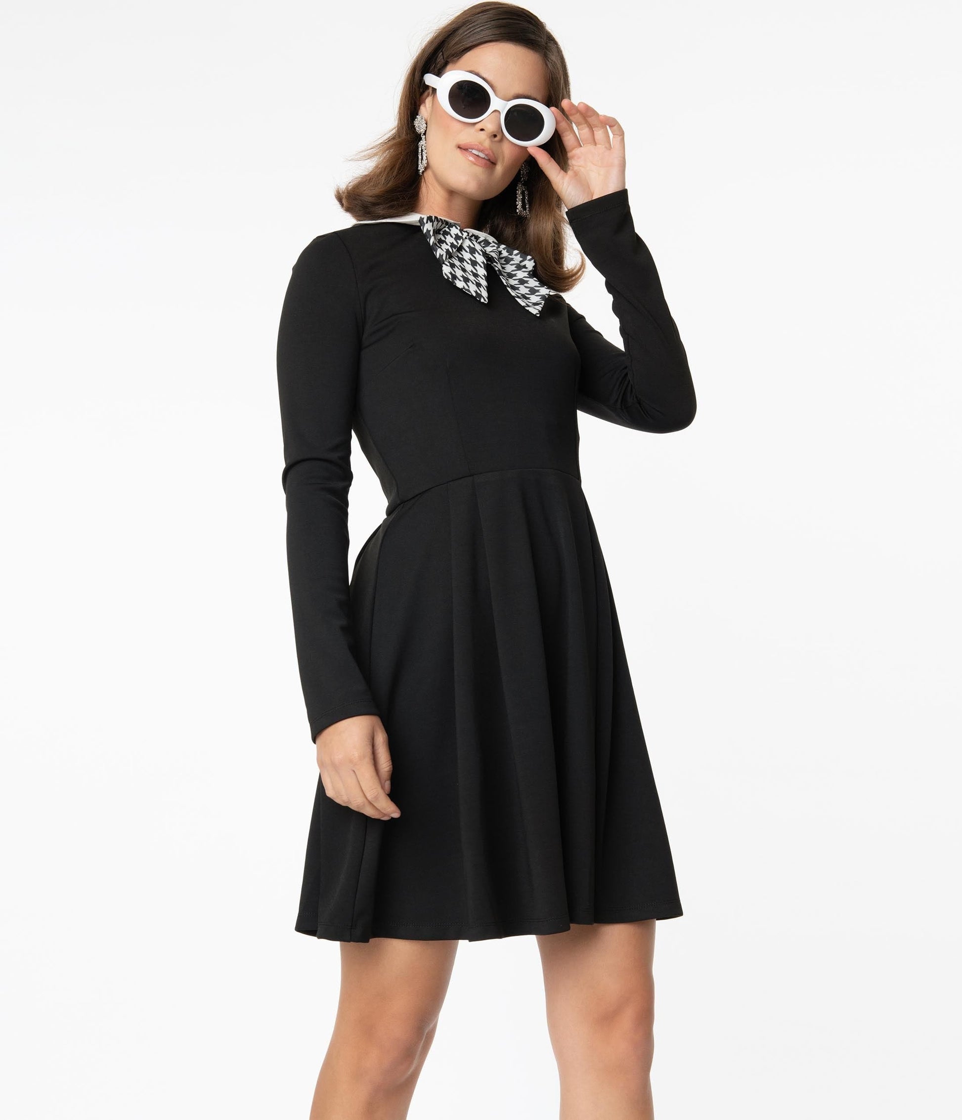 Smak Parlour Black & Houndstooth Bow Jet Setter Fit & Flare Dress