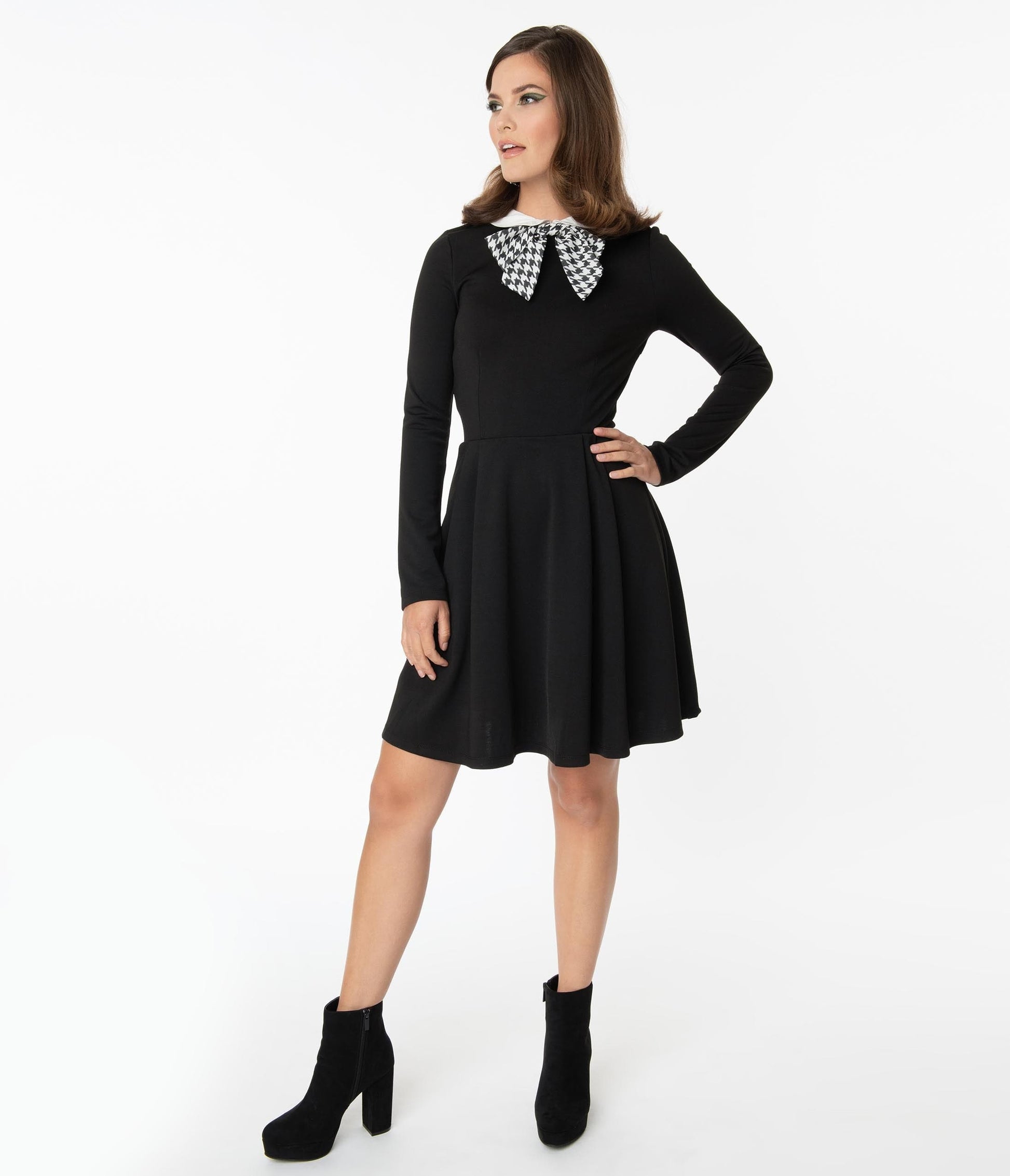Smak Parlour Black & Houndstooth Bow Jet Setter Fit & Flare Dress