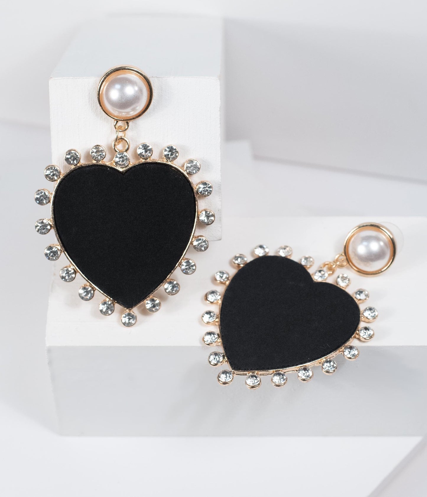 Black Matte Heart & Rhinestone Earrings