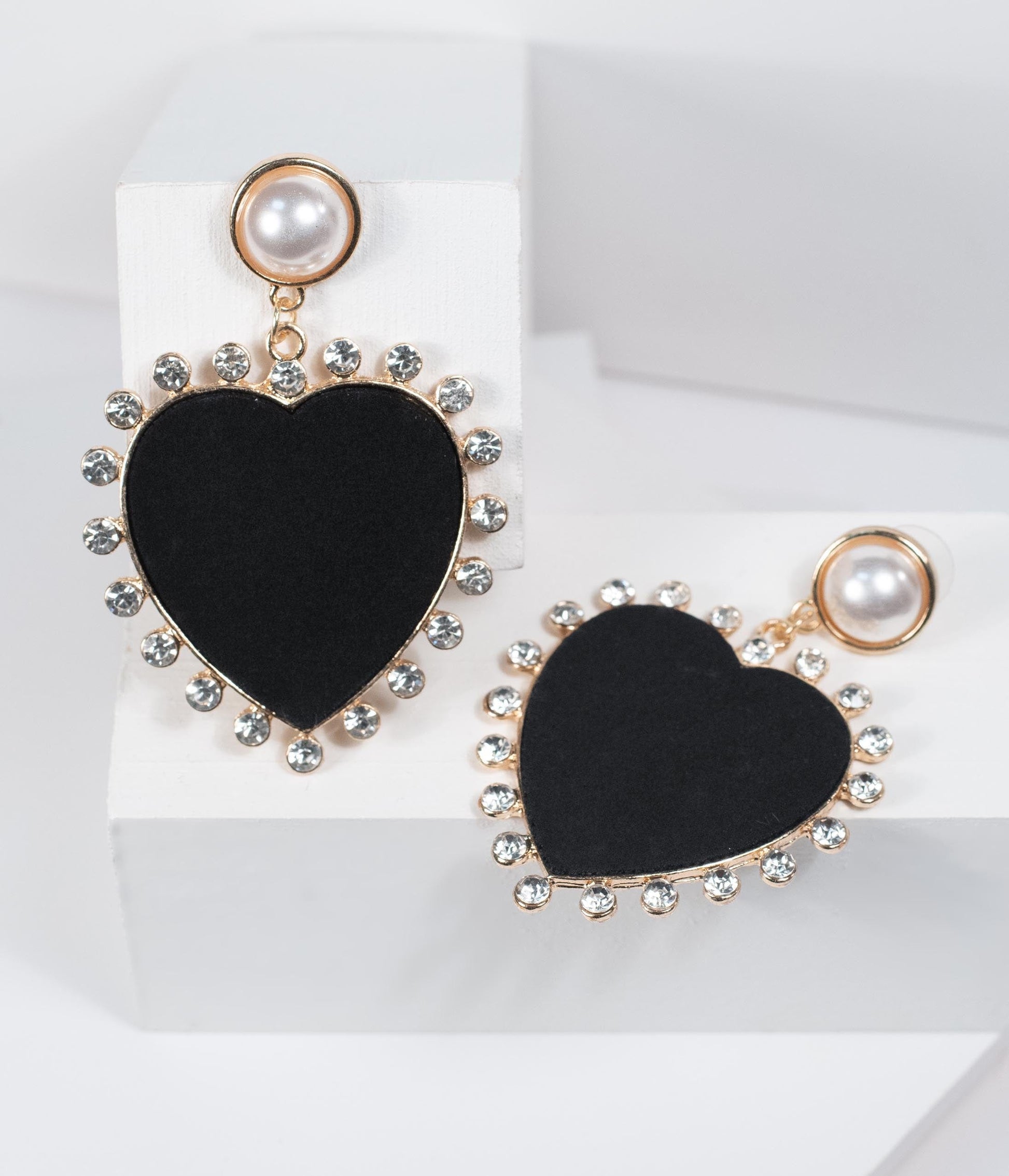 Black Matte Heart & Rhinestone Earrings