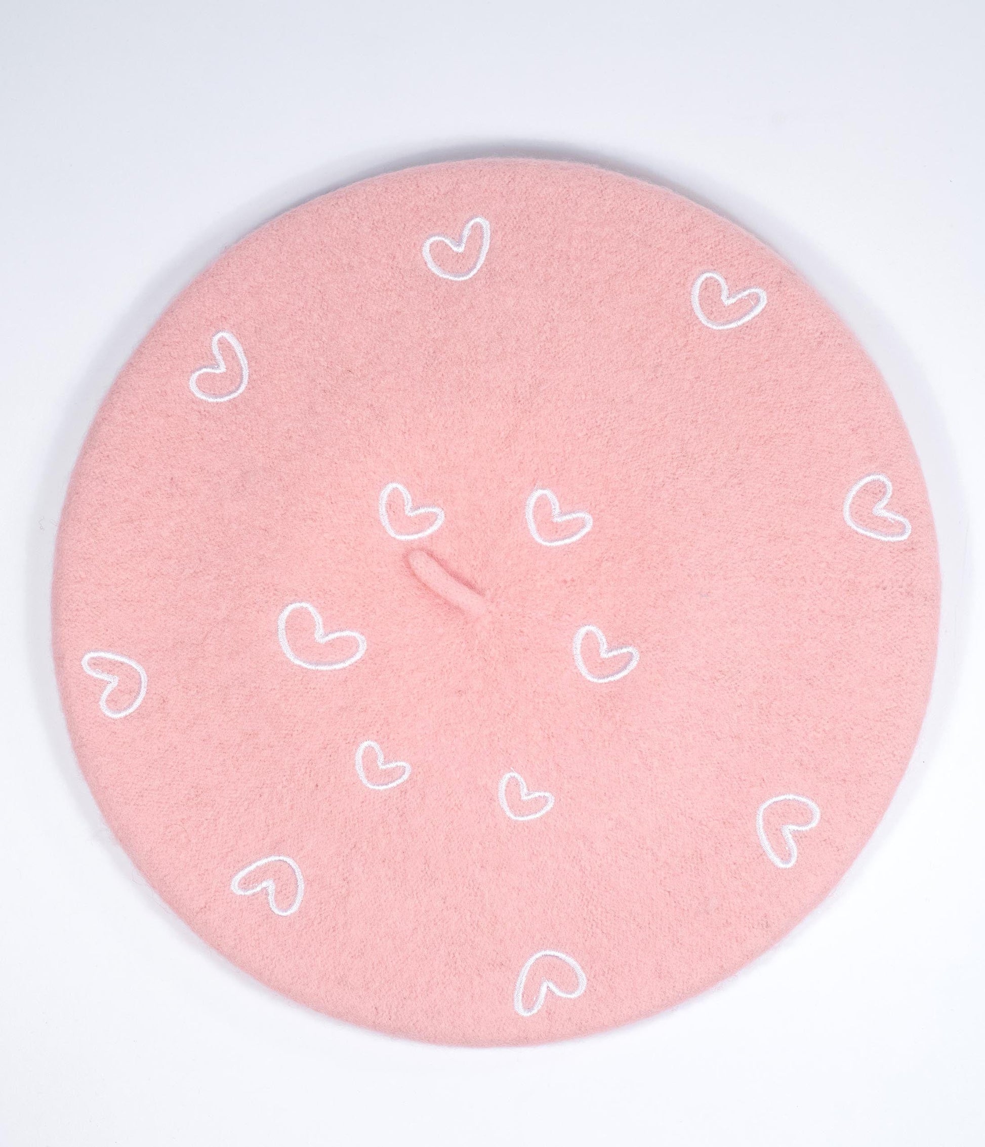 Pink & White Embroidered Hearts Beret