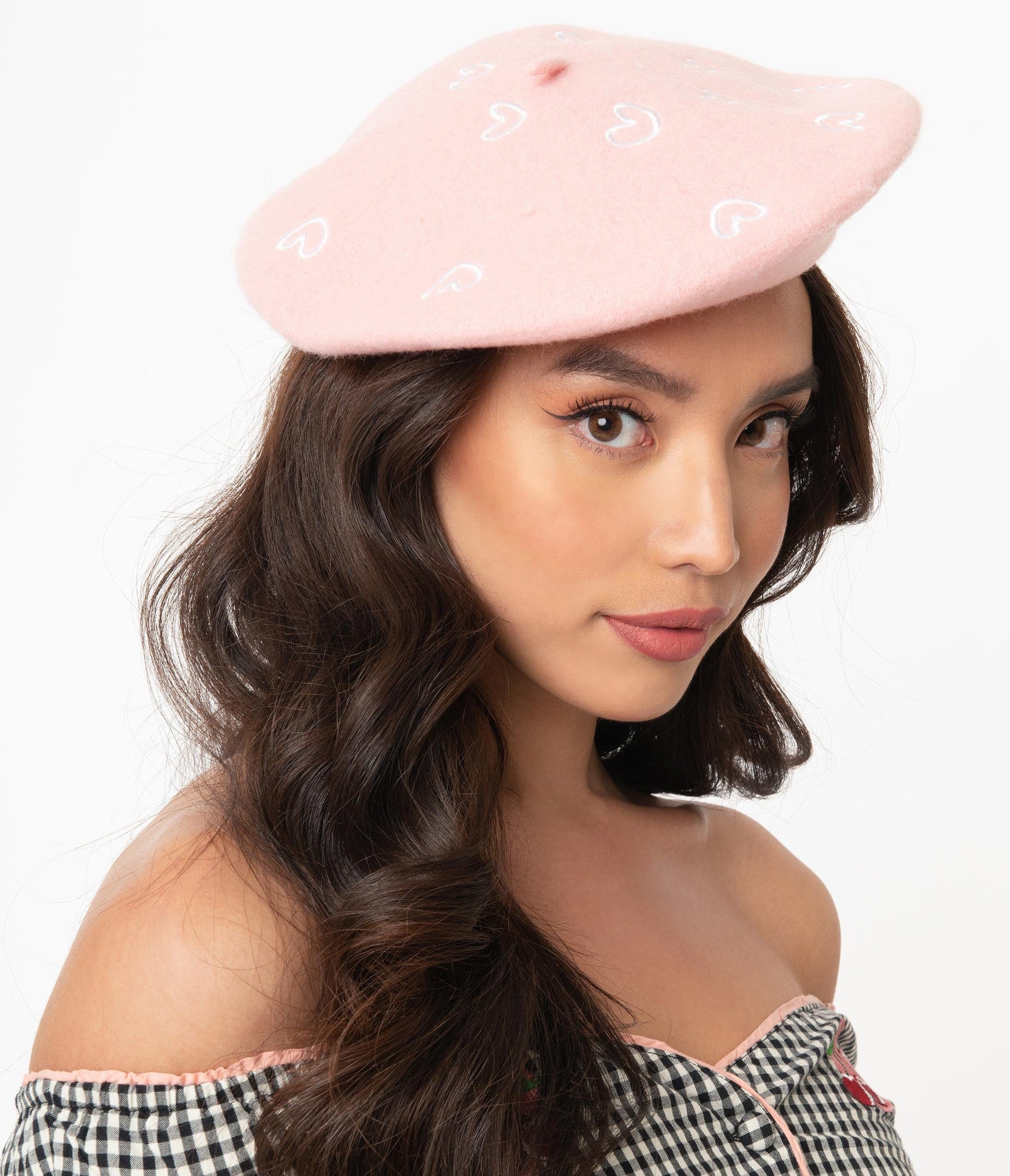 Pink & White Embroidered Hearts Beret