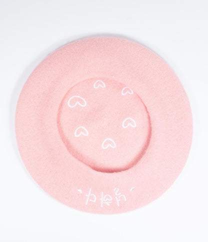 Pink & White Embroidered Hearts Beret