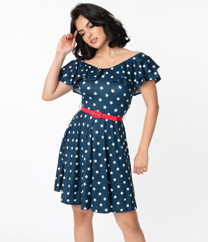 Unique Vintage Navy & White Stars Simone Fit & Flare Dress