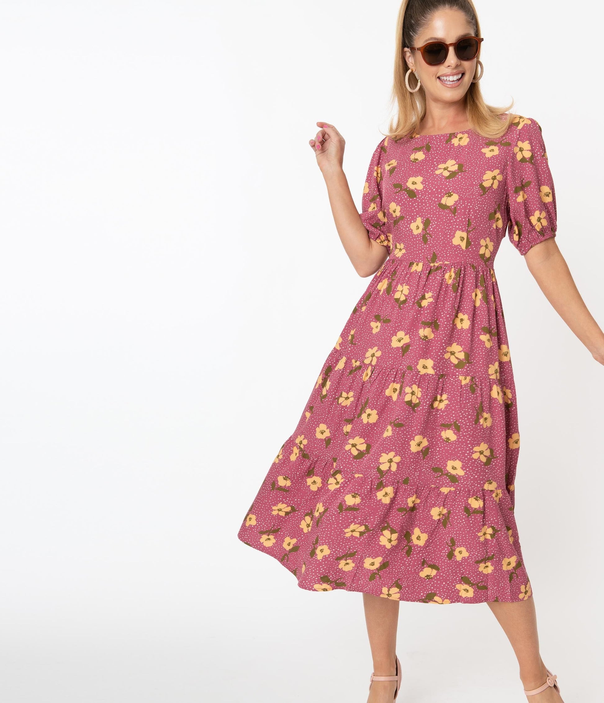 Mulberry & Yellow Floral Dotted Monique Midi Dress