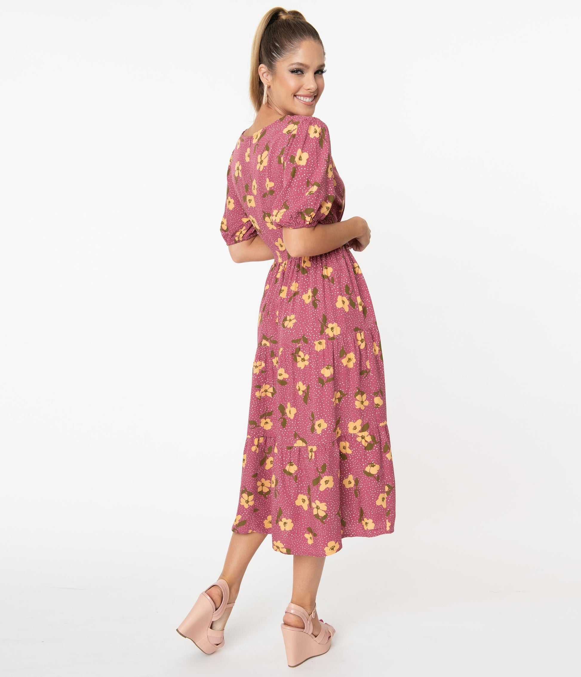 Mulberry & Yellow Floral Dotted Monique Midi Dress