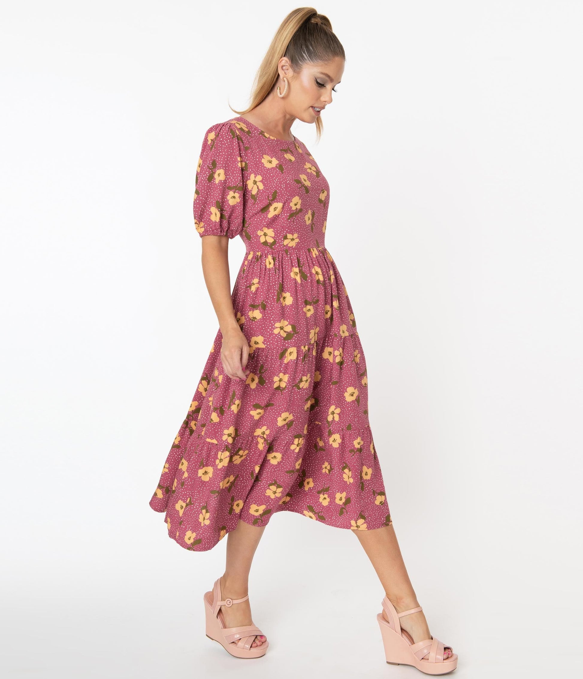 Mulberry & Yellow Floral Dotted Monique Midi Dress