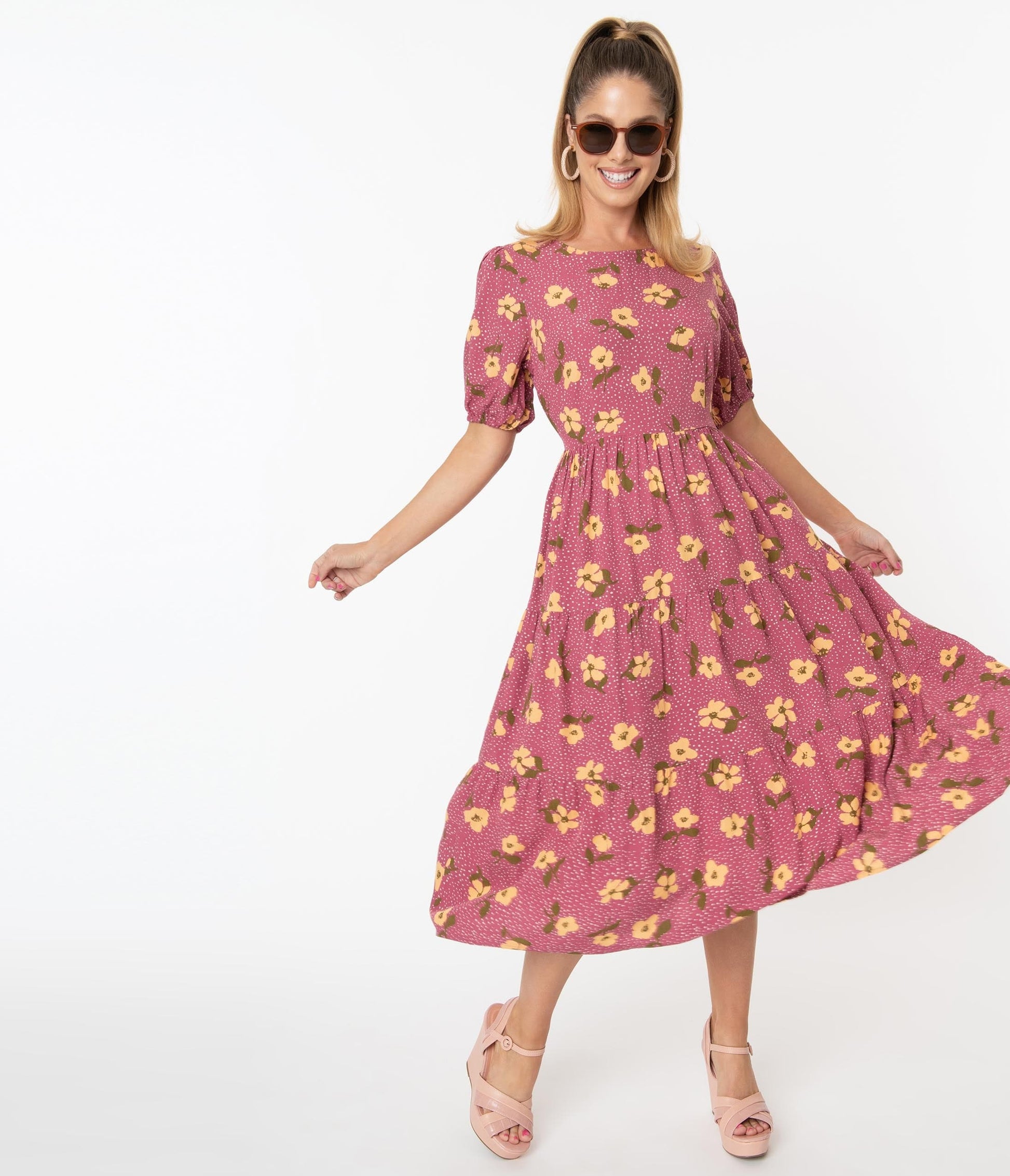 Mulberry & Yellow Floral Dotted Monique Midi Dress