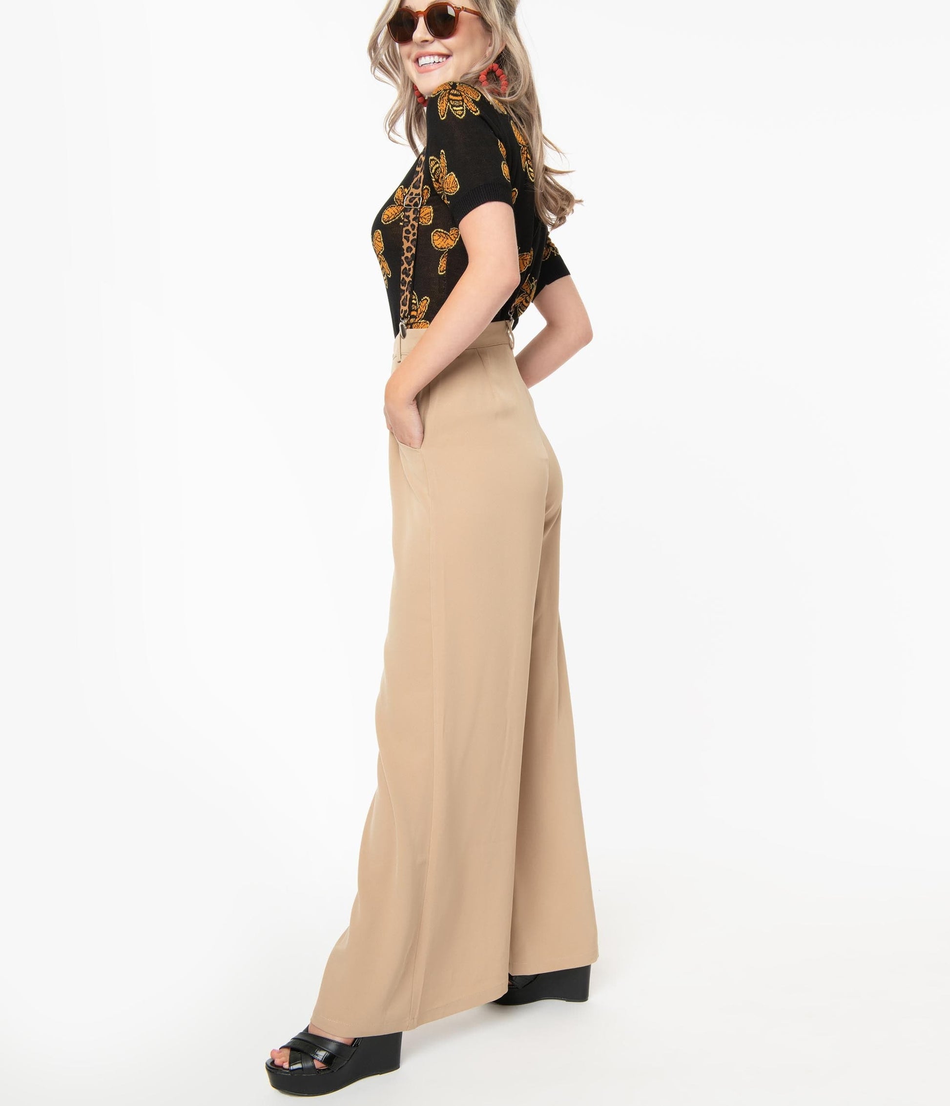 Voodoo Vixen Tan Wide Leg Safari Suspender Pants