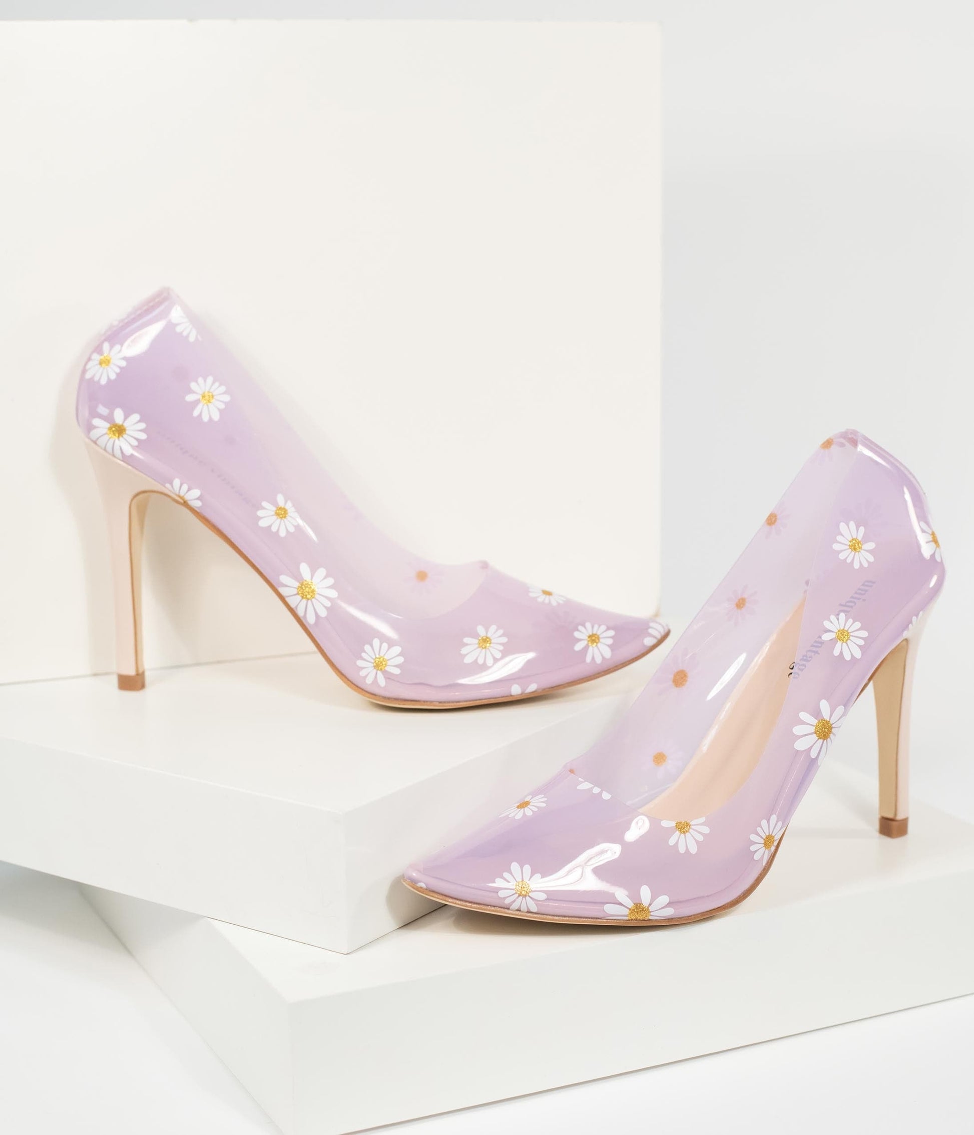 Unique Vintage Clear Lilac & Daisy Print Twiggy Pumps