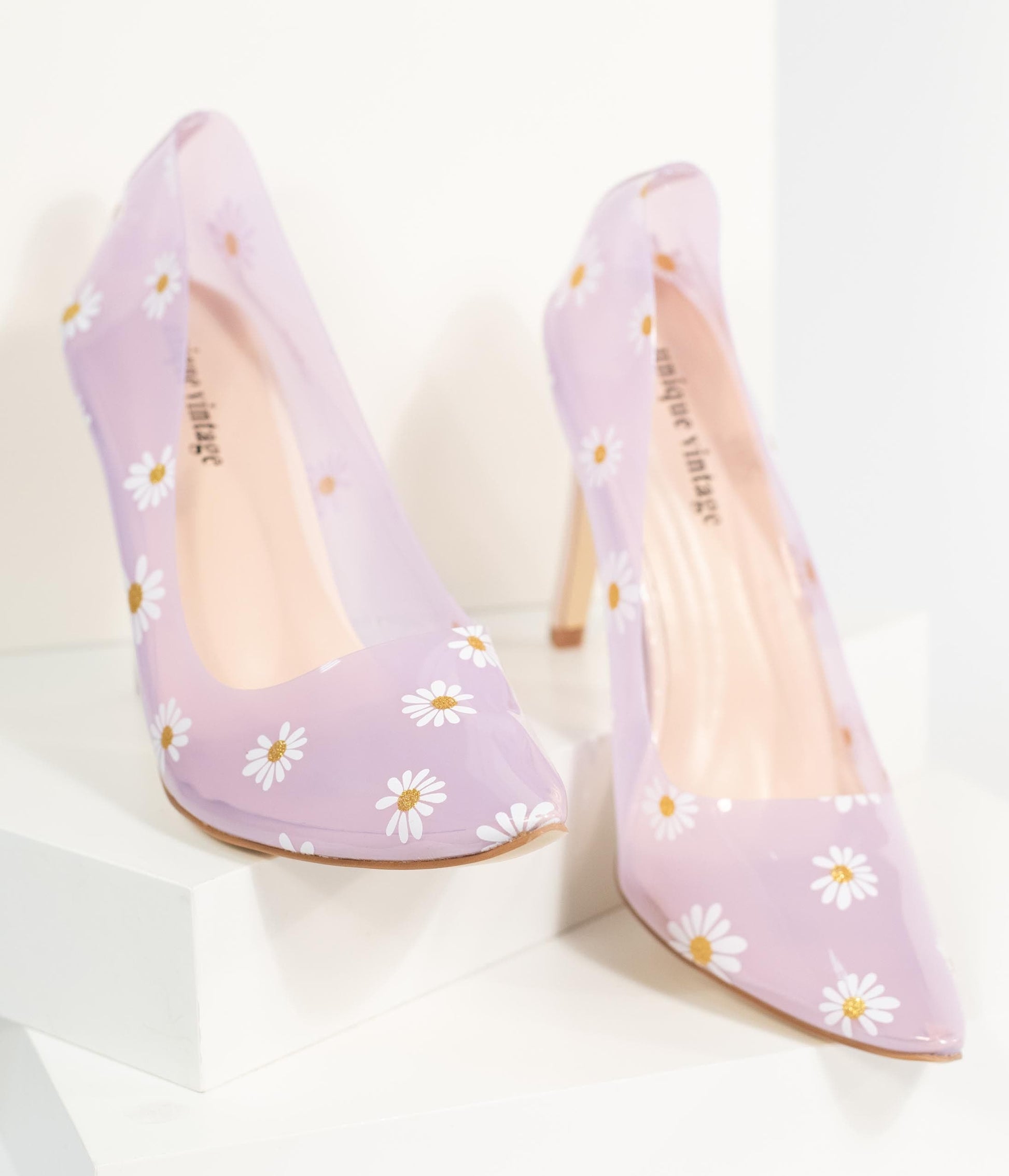 Unique Vintage Clear Lilac & Daisy Print Twiggy Pumps