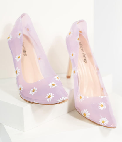 Unique Vintage Clear Lilac & Daisy Print Twiggy Pumps