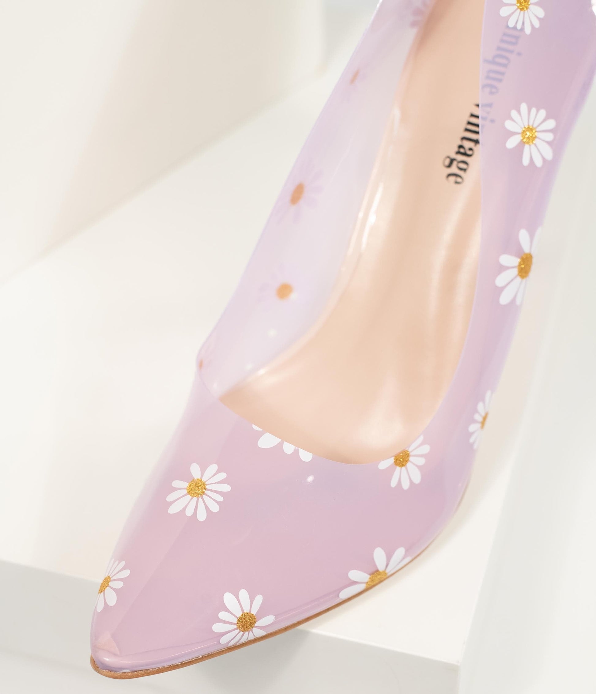 Unique Vintage Clear Lilac & Daisy Print Twiggy Pumps