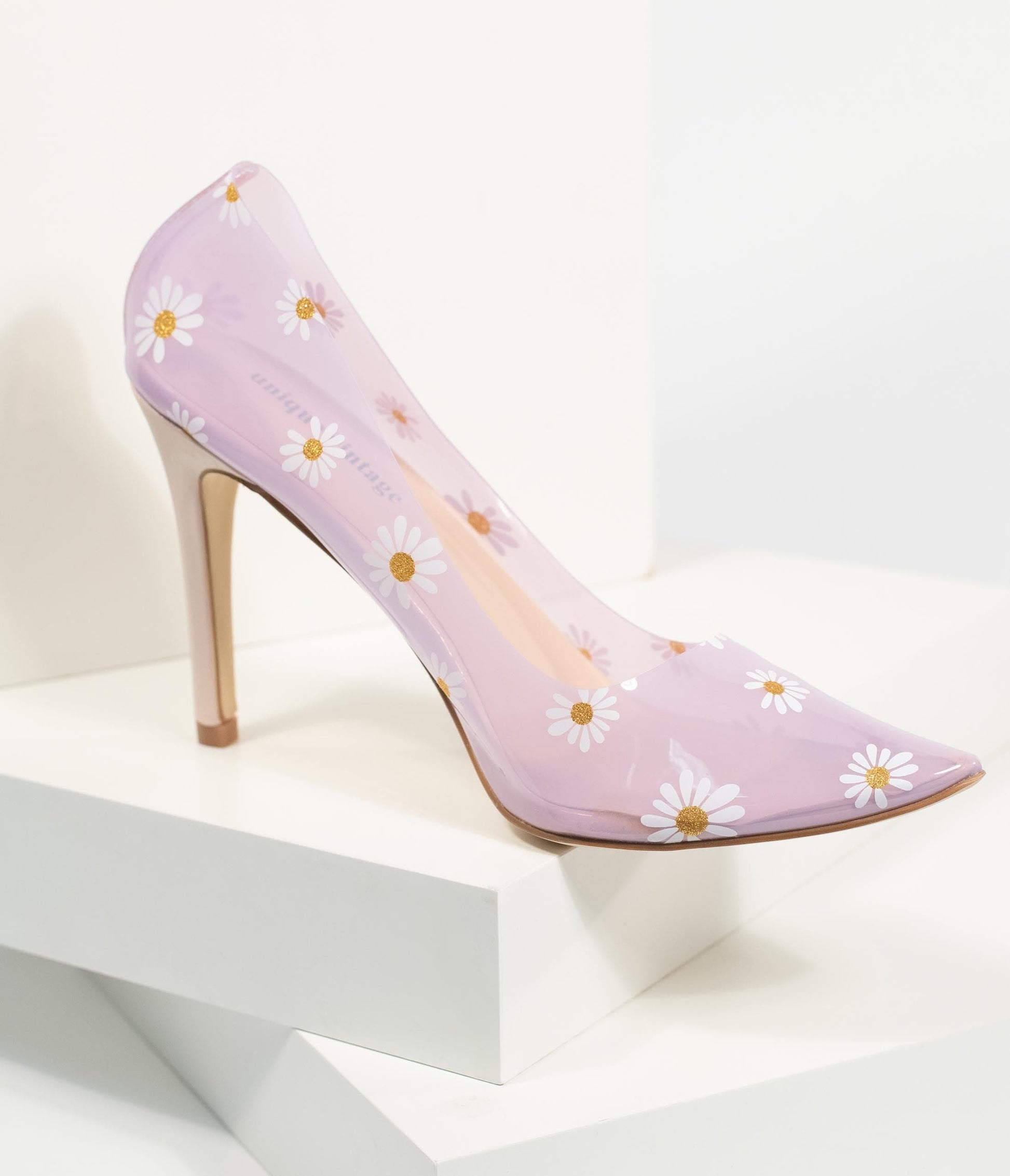 Unique Vintage Clear Lilac & Daisy Print Twiggy Pumps