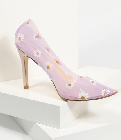 Unique Vintage Clear Lilac & Daisy Print Twiggy Pumps