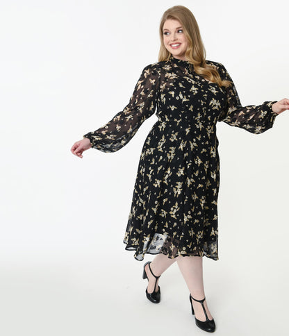 Unique Vintage Plus Size Black & White Floral Leota Swing Dress
