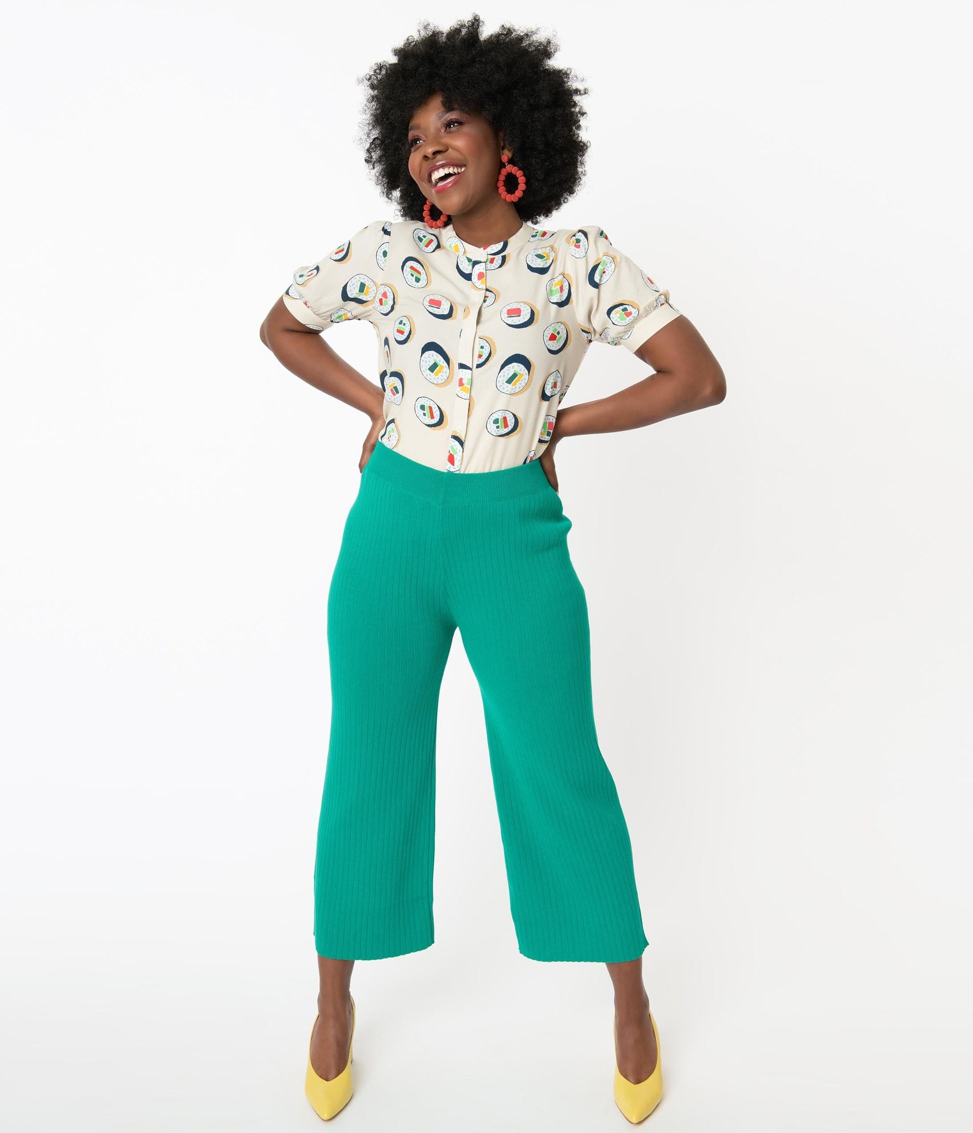1970s Retro Style Green Rib Knit Wide Leg Pants