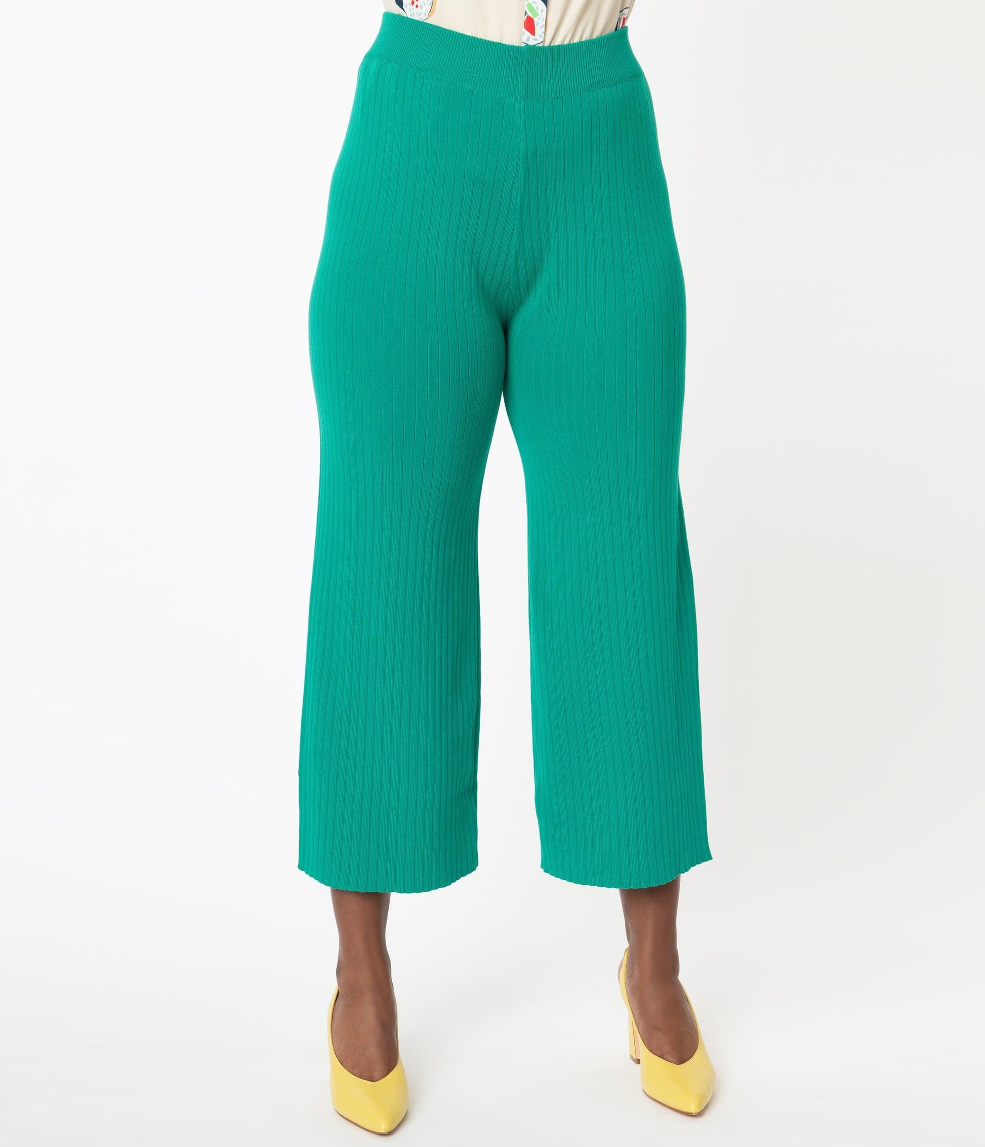1970s Retro Style Green Rib Knit Wide Leg Pants