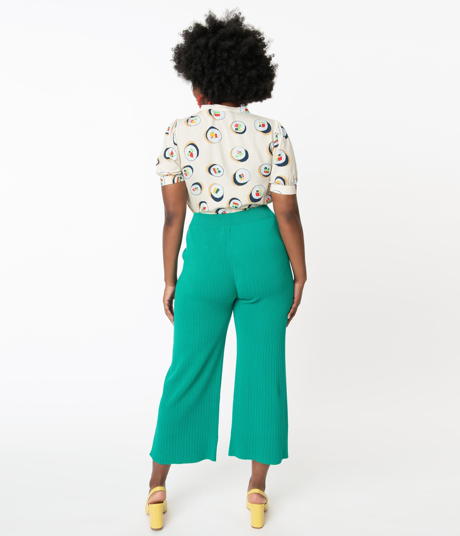 1970s Retro Style Green Rib Knit Wide Leg Pants
