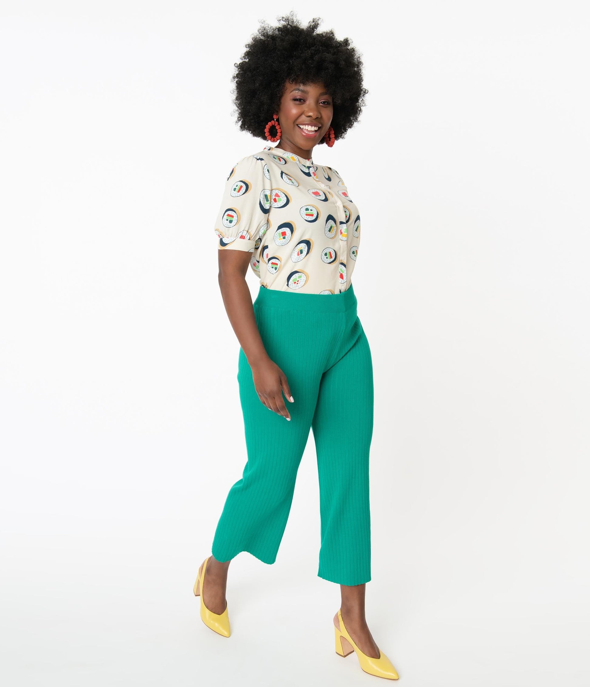 1970s Retro Style Green Rib Knit Wide Leg Pants