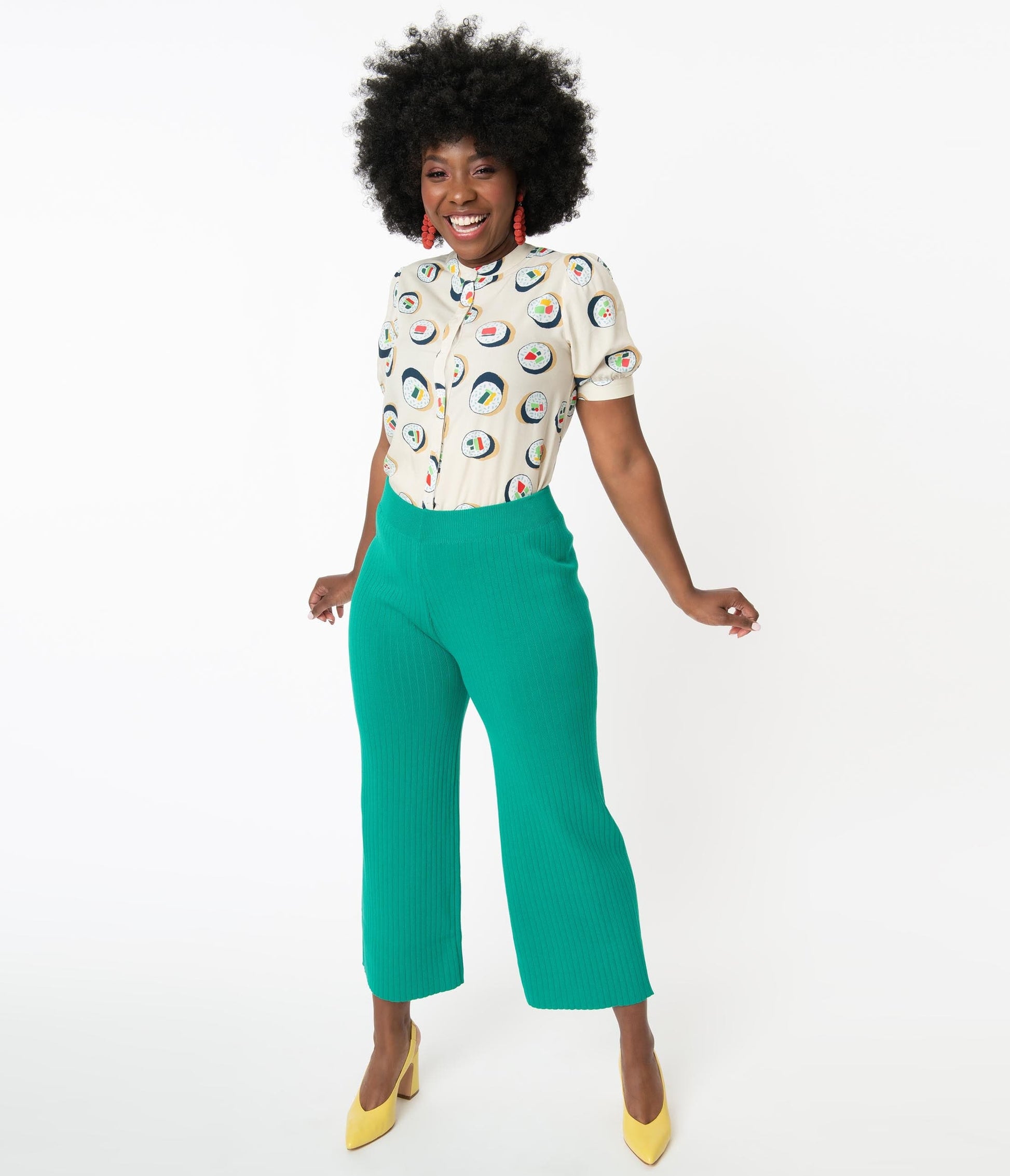 1970s Retro Style Green Rib Knit Wide Leg Pants