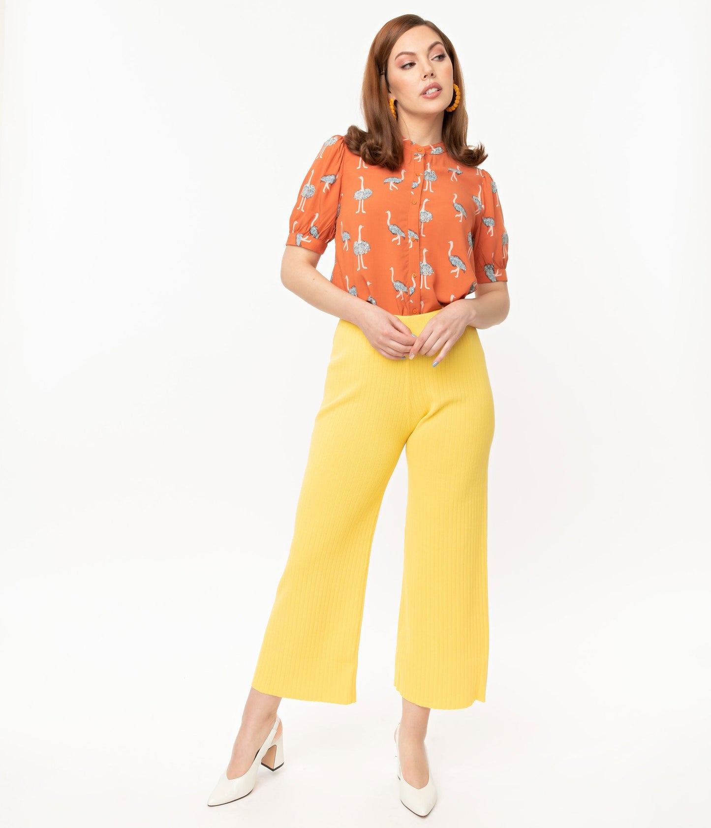 1970s Retro Style Yellow Rib Knit Wide Leg Pants