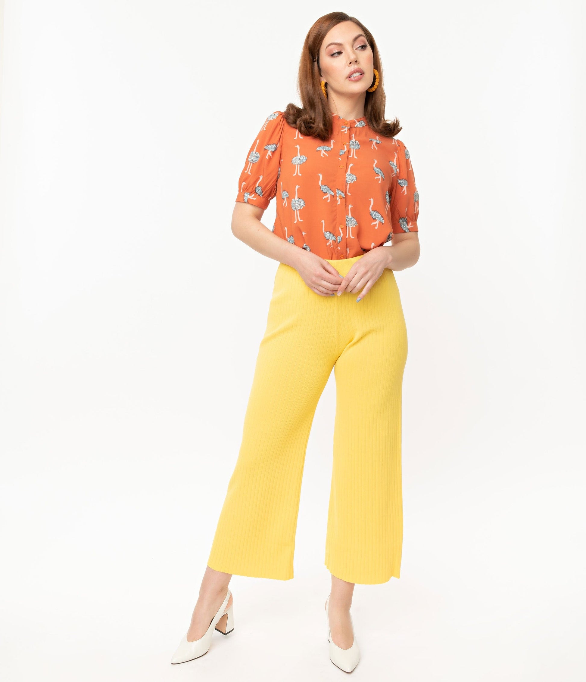 1970s Retro Style Yellow Rib Knit Wide Leg Pants