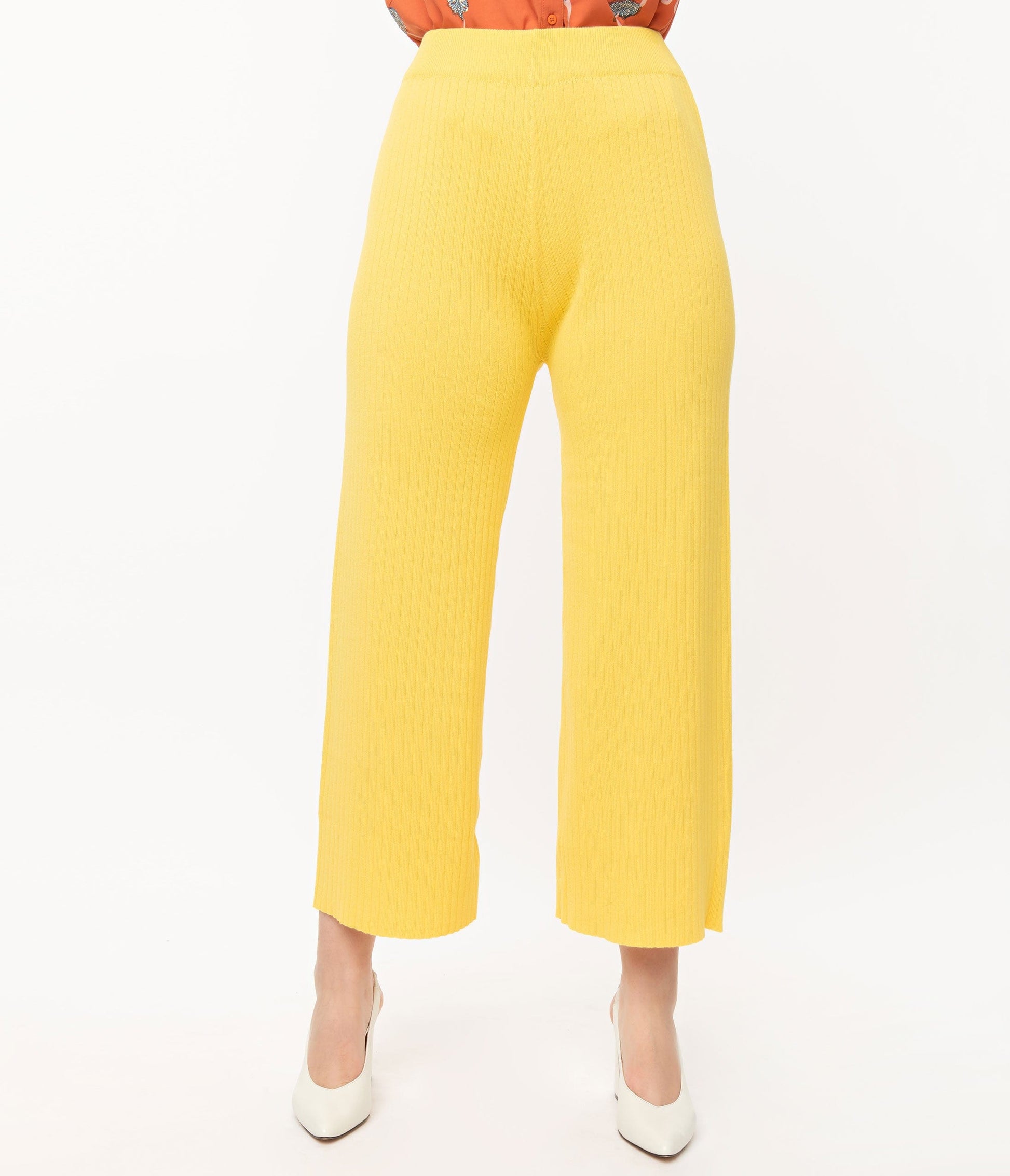 1970s Retro Style Yellow Rib Knit Wide Leg Pants