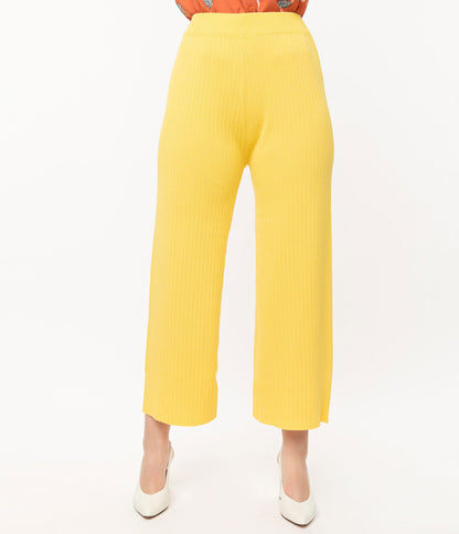 1970s Retro Style Yellow Rib Knit Wide Leg Pants