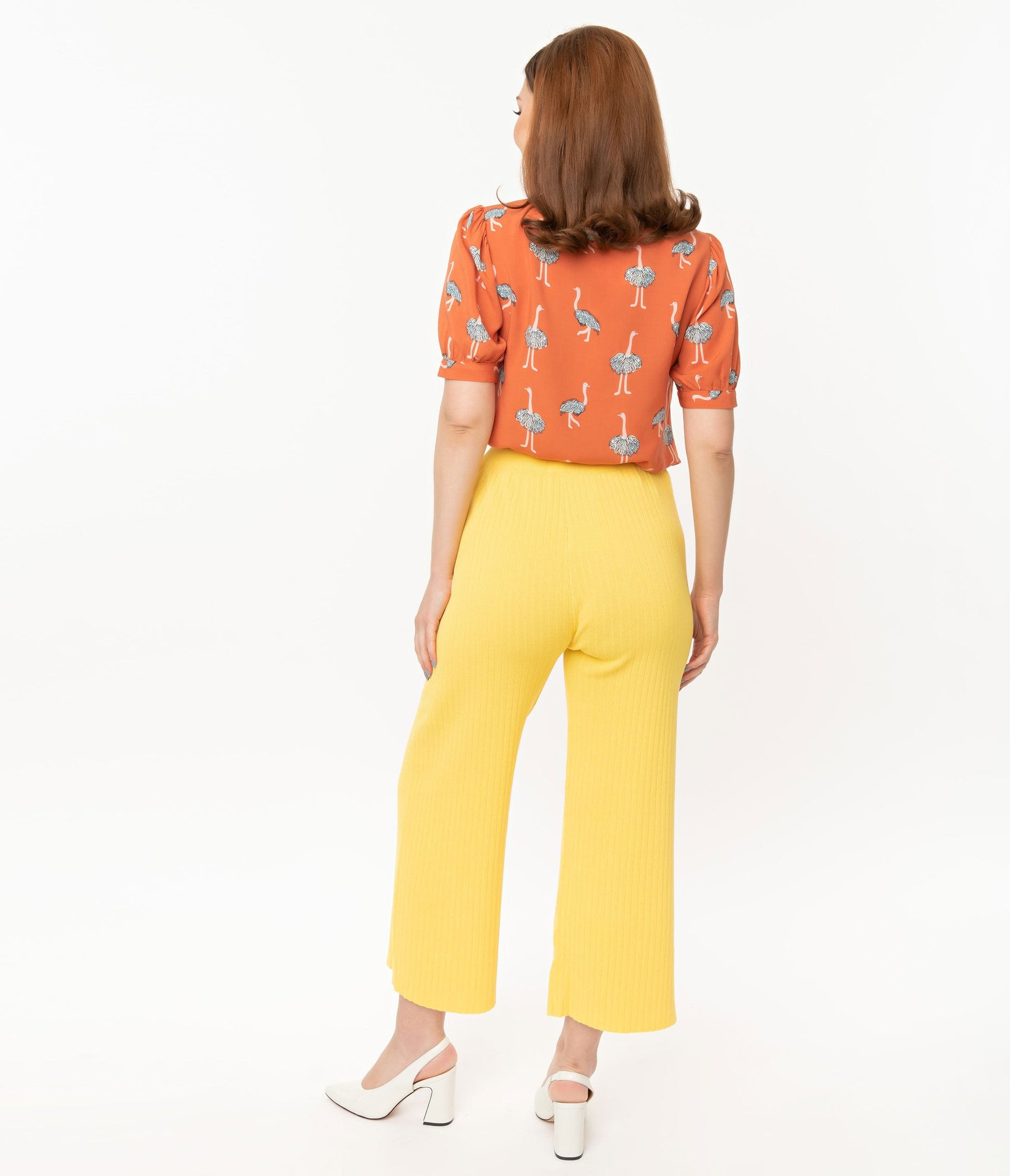 1970s Retro Style Yellow Rib Knit Wide Leg Pants