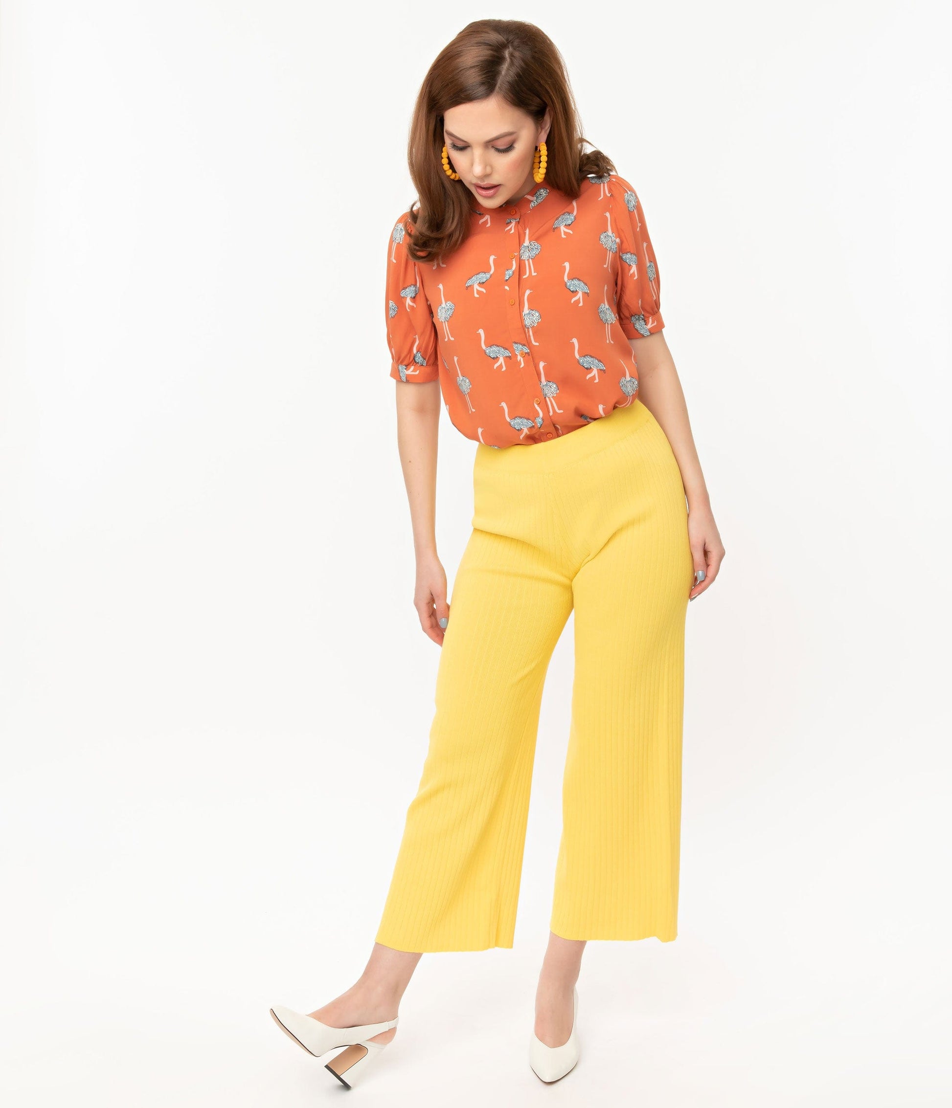 1970s Retro Style Yellow Rib Knit Wide Leg Pants